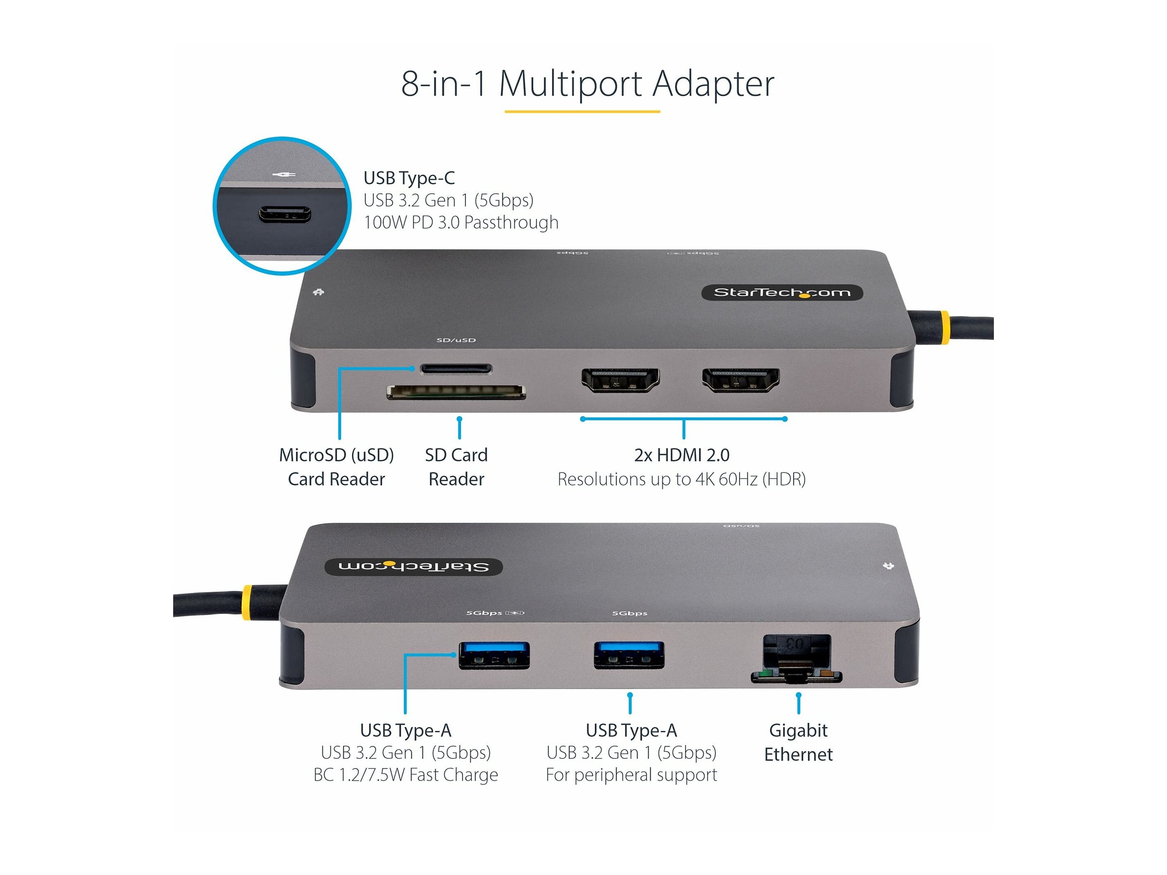 StarTech.com USB C Multiport Adapter, USB C auf Dual HDMI Video, 4K 60Hz, 5Gbit/s USB-A Hub, 100W PD Pass-through/GbE/SD-MicroSD Kartenleser, Reiseadapter/Laptop Dockingstation (120B-USBC-MULTIPORT)