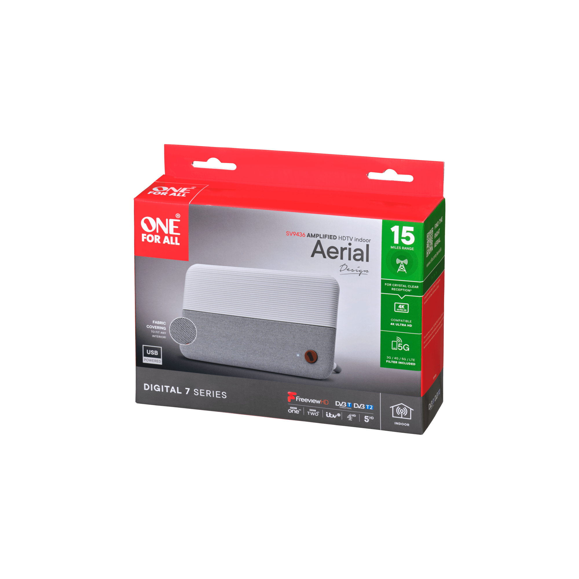 One for All Design Line 360° DVB-T2 1080p Gewebe Antenne 5G - Drinnen - Weiß - 1,8 m, Ansicht 4