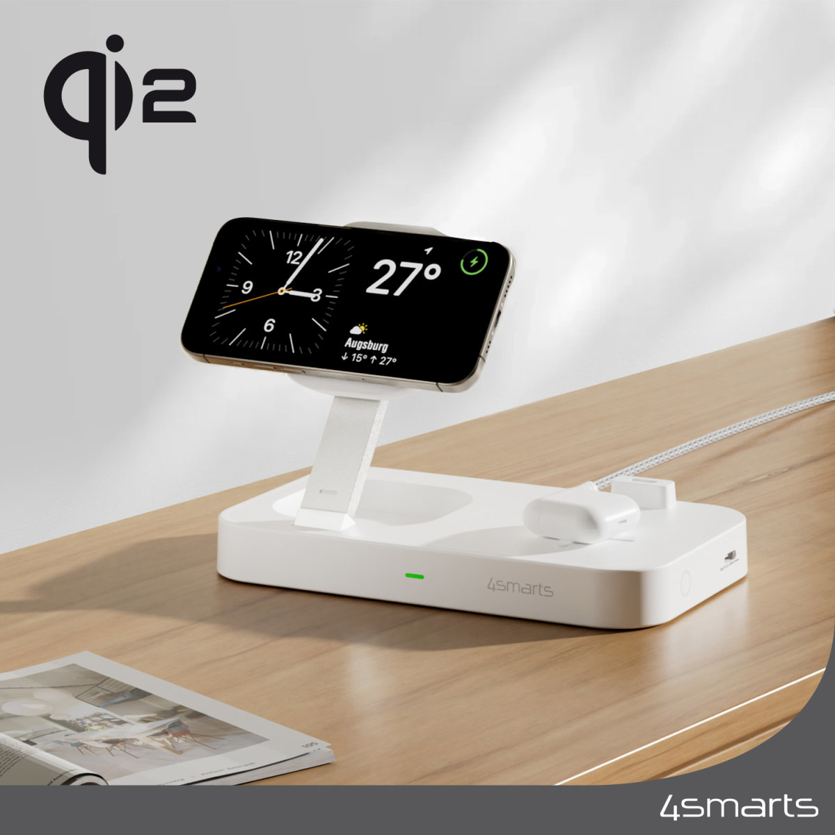 4smarts Trident - Kabelloses Ladegerät - Qi2 + AC-Netzteil - 25 Watt - 1 A - 2 Ausgabeanschlussstellen (24 pin USB-C), Ansicht 2