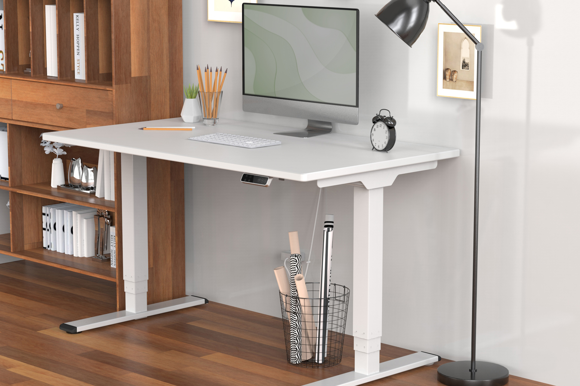 DIGITUS Elektrisch höhenverstellbares Tischgestell, Dual-Motor, 3-Stufen, Weiß, Ansicht 3