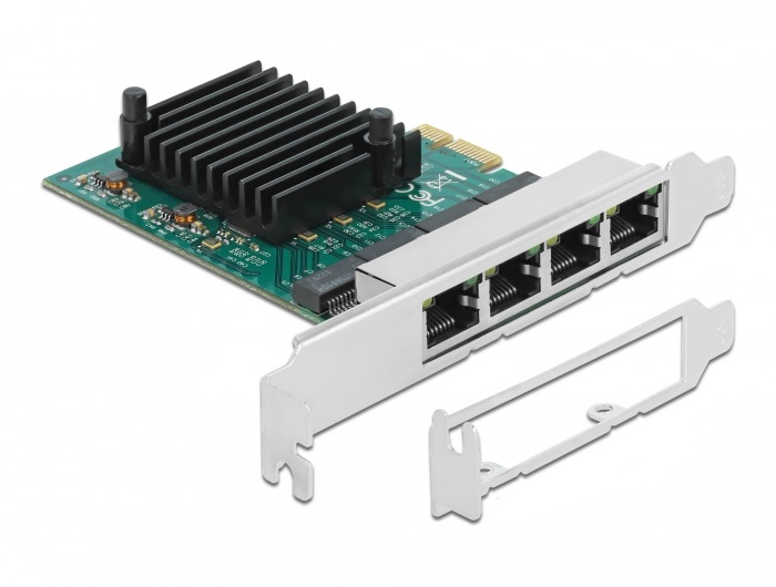 Delock PCI Express x1 Karte 4 x RJ45 Gigabit LAN RTL8111, Eingebaut, Kabelgebunden, PCI Express, Ethernet, 1000 Mbit/s, Schwarz, Grün, Metallisch