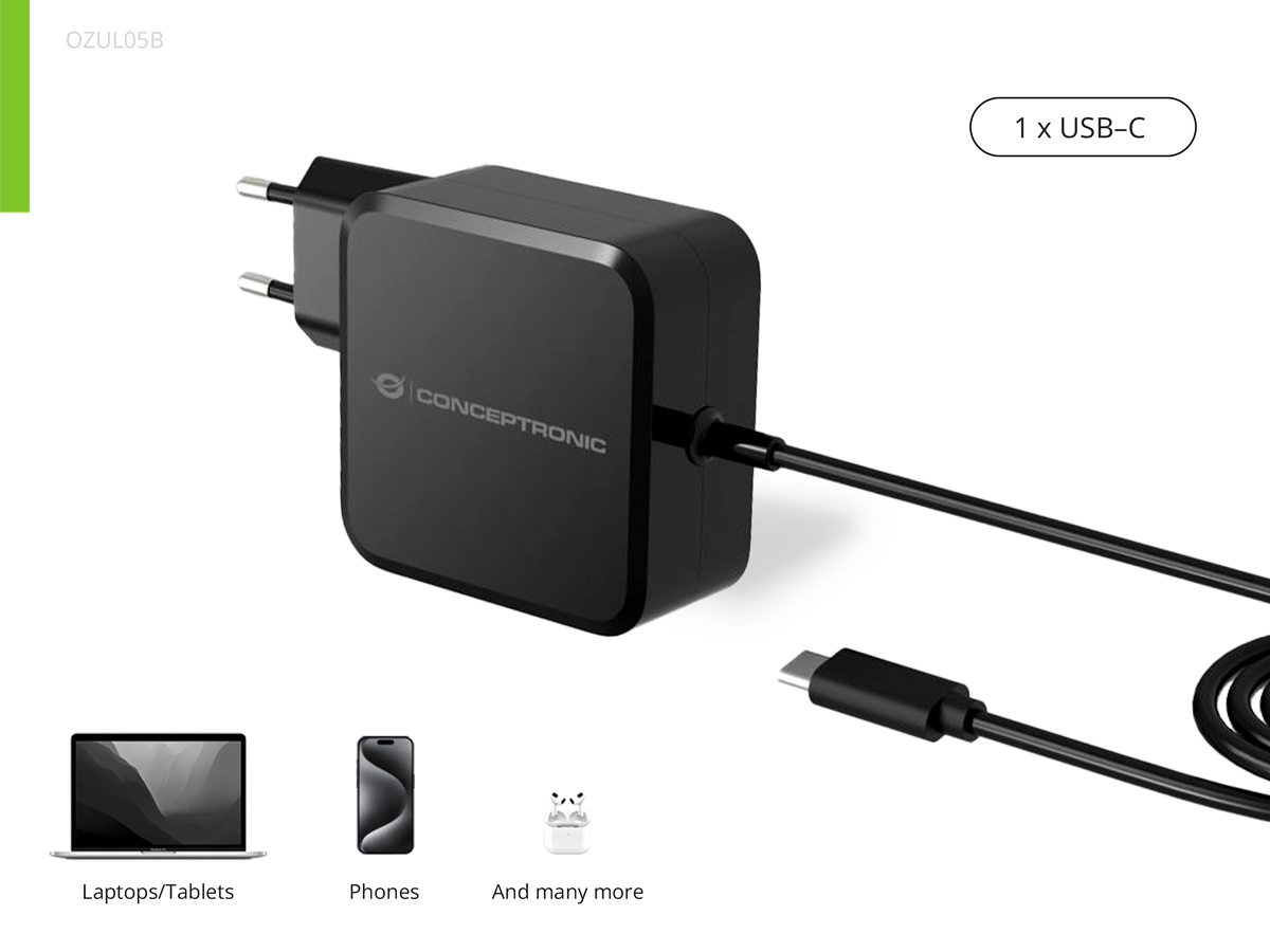 Conceptronic OZUL05BE 100W GaN USB-PD-Ladegerät - Eingebautes USB-C-Kabel - Drinnen - AC - 20 V - 1,8 m - Schwarz, Ansicht 4