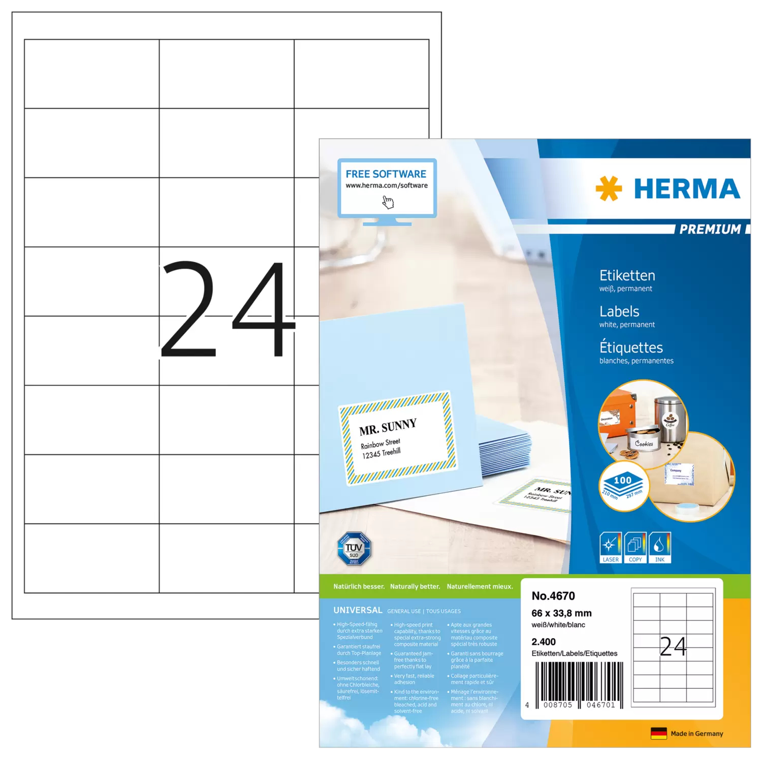HERMA Premium - Papier - matt - permanent selbstklebend - weiß - 66 x 33.8 mm 2400 Etikett(en) (100 Bogen x 24), Ansicht 4
