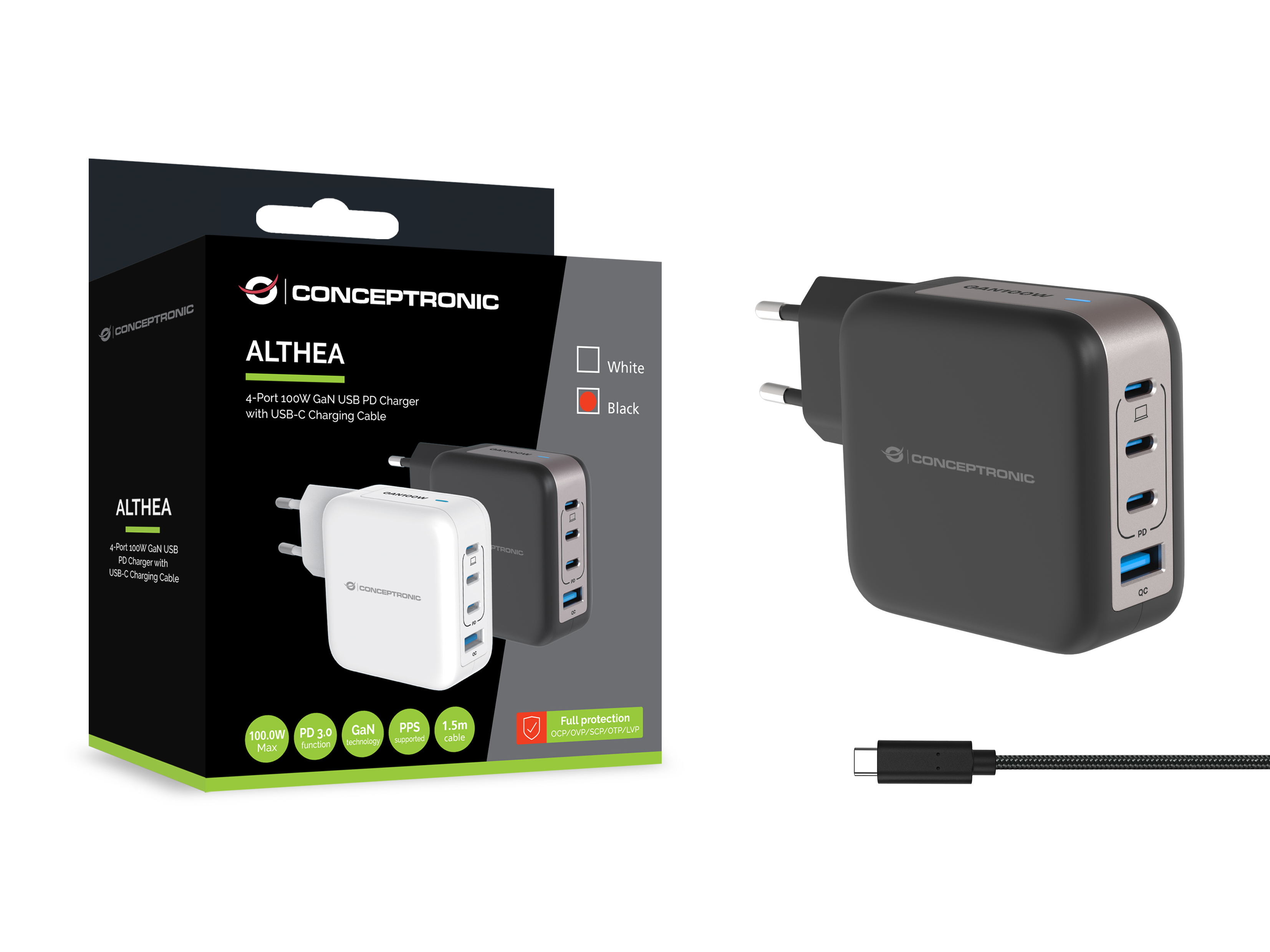 Conceptronic Ladegerät 4Port 100W 3xUSB-C 1xUSB-a 1.5m sw, Ansicht 3