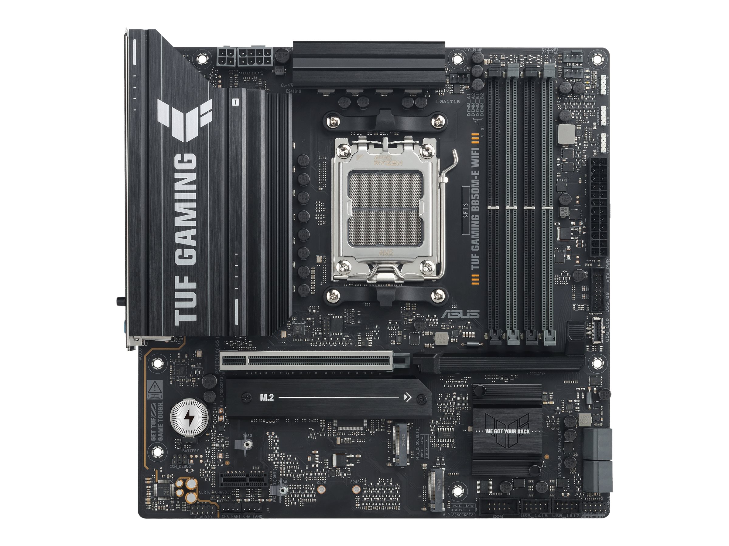ASUS TUF GAMING B850M-E WIFI - Motherboard - micro ATX - Socket AM5 - AMD B850 Chipsatz - USB-C 3.2 Gen2, USB-C 3.2 Gen 1, USB 3.2 Gen 2, USB 3.2 Gen 1 - Wi-Fi 6E, Bluetooth, 2.5 Gigabit LAN - Onboard-Grafik (CPU erforderlich)