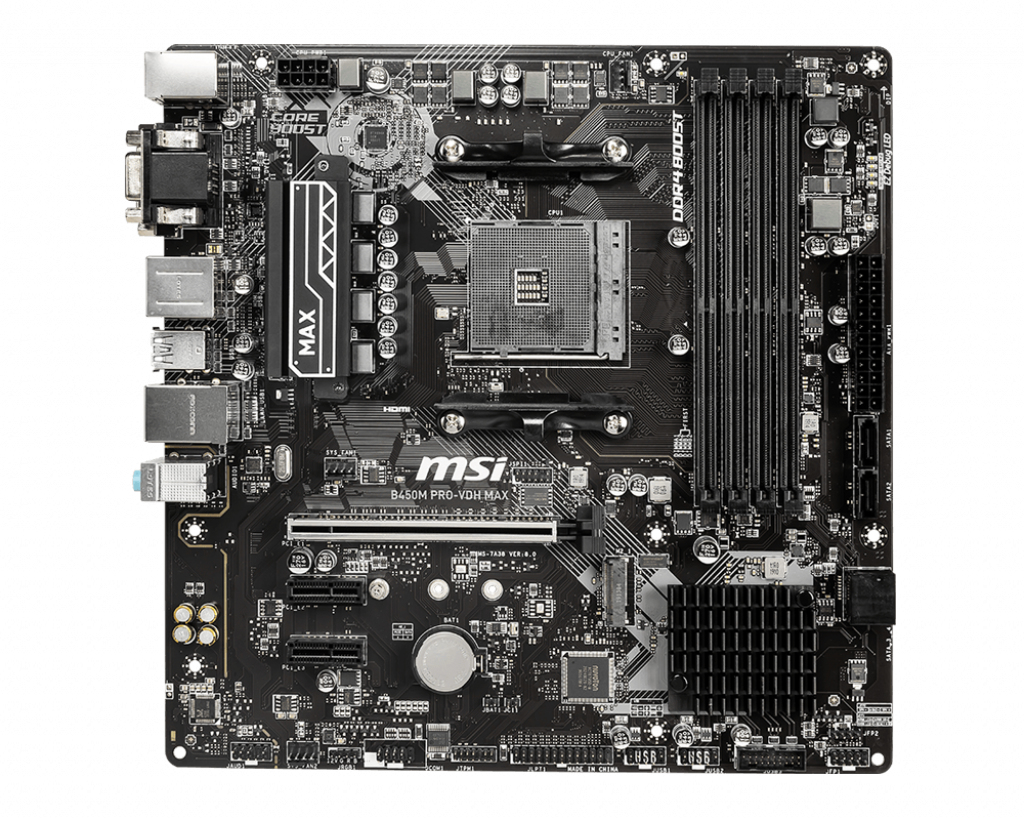 MSI B450M PRO-VDH Max, AMD, Sockel AM4, AMD Athlon, AMD Ryzen™ 3, 2nd Generation AMD Ryzen™ 3, 3rd Generation AMD Ryzen™ 3, AMD..., Sockel AM4, DDR4-SDRAM, 64 GB