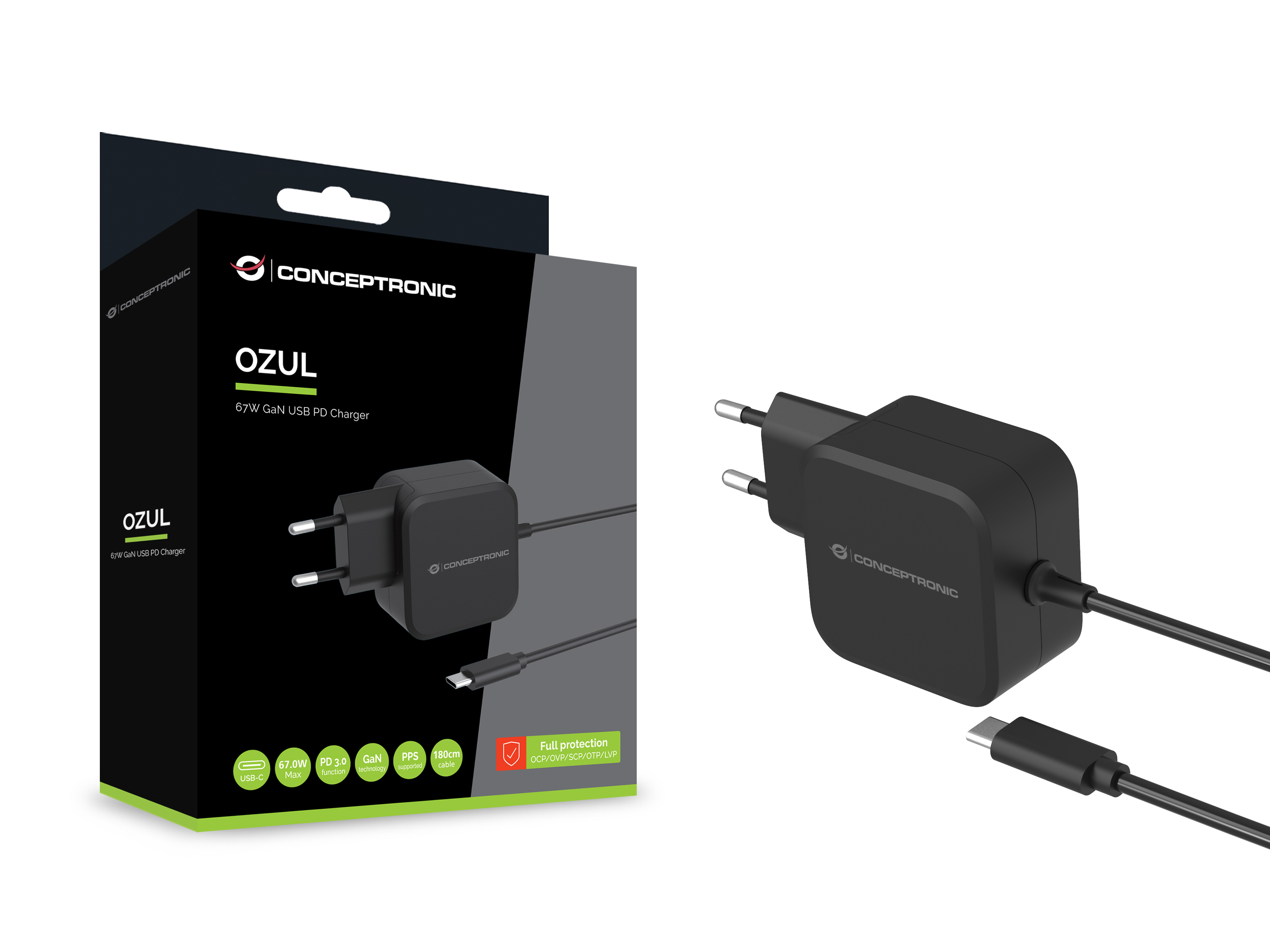 Conceptronic OZUL04BE 67W GaN USB-PD-Ladegerät - Eingebautes USB-C-Kabel - Drinnen - AC - 21 V - 1,8 m - Schwarz, Ansicht 2