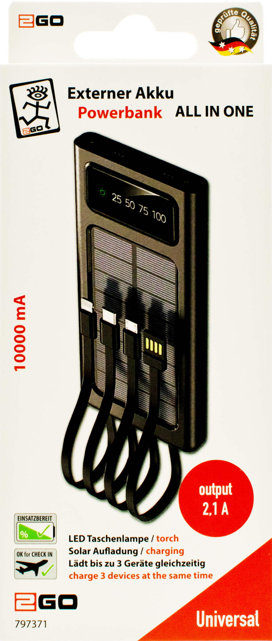 2GO Powerbank Solar 10000mAh mit LED Taschenlampe schwarz - Micro (AAA), Ansicht 2