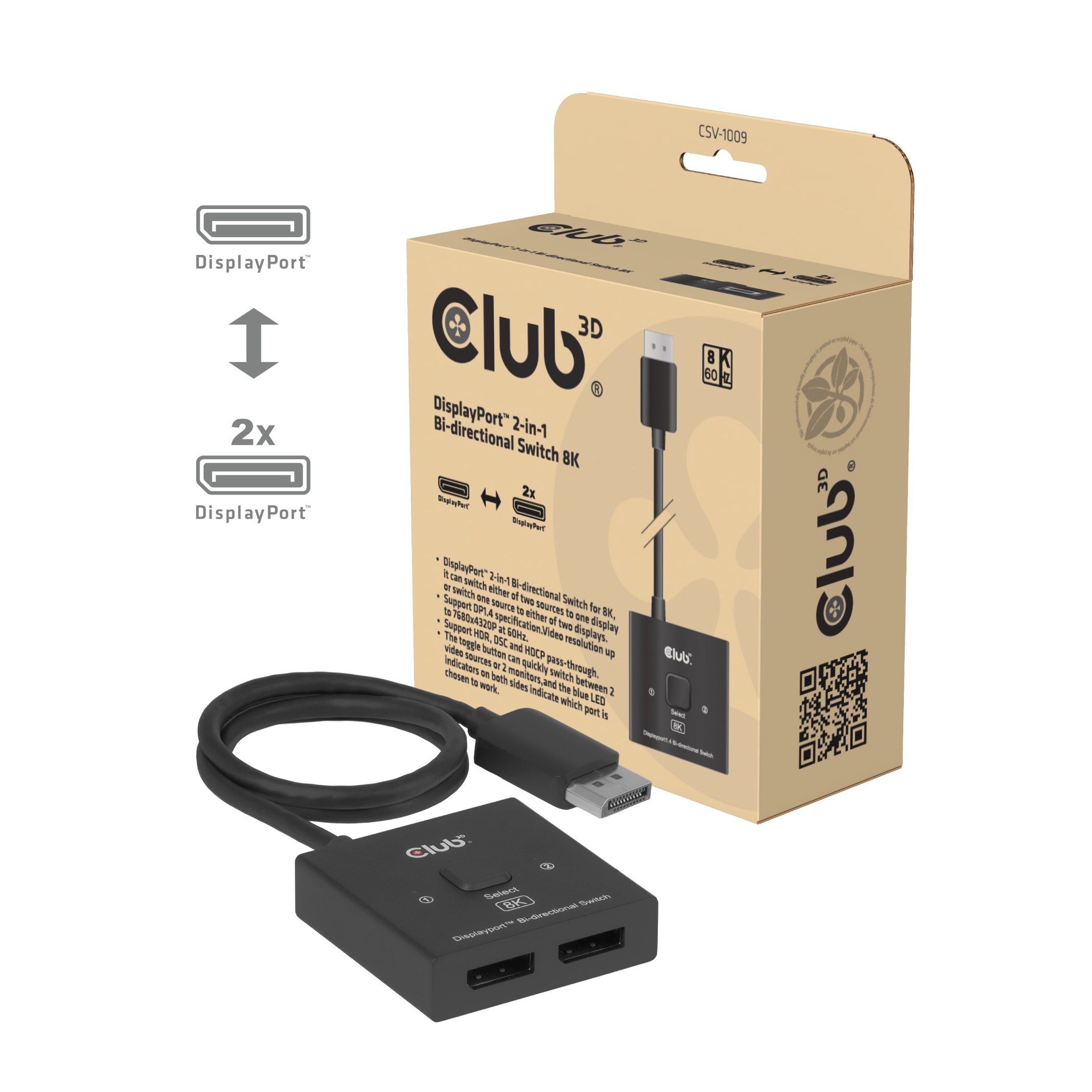 Club 3D DisplayPort Switch 2-in-1 Bi-Direktional 8K60Hz - KVM-Umschalter, Ansicht 2