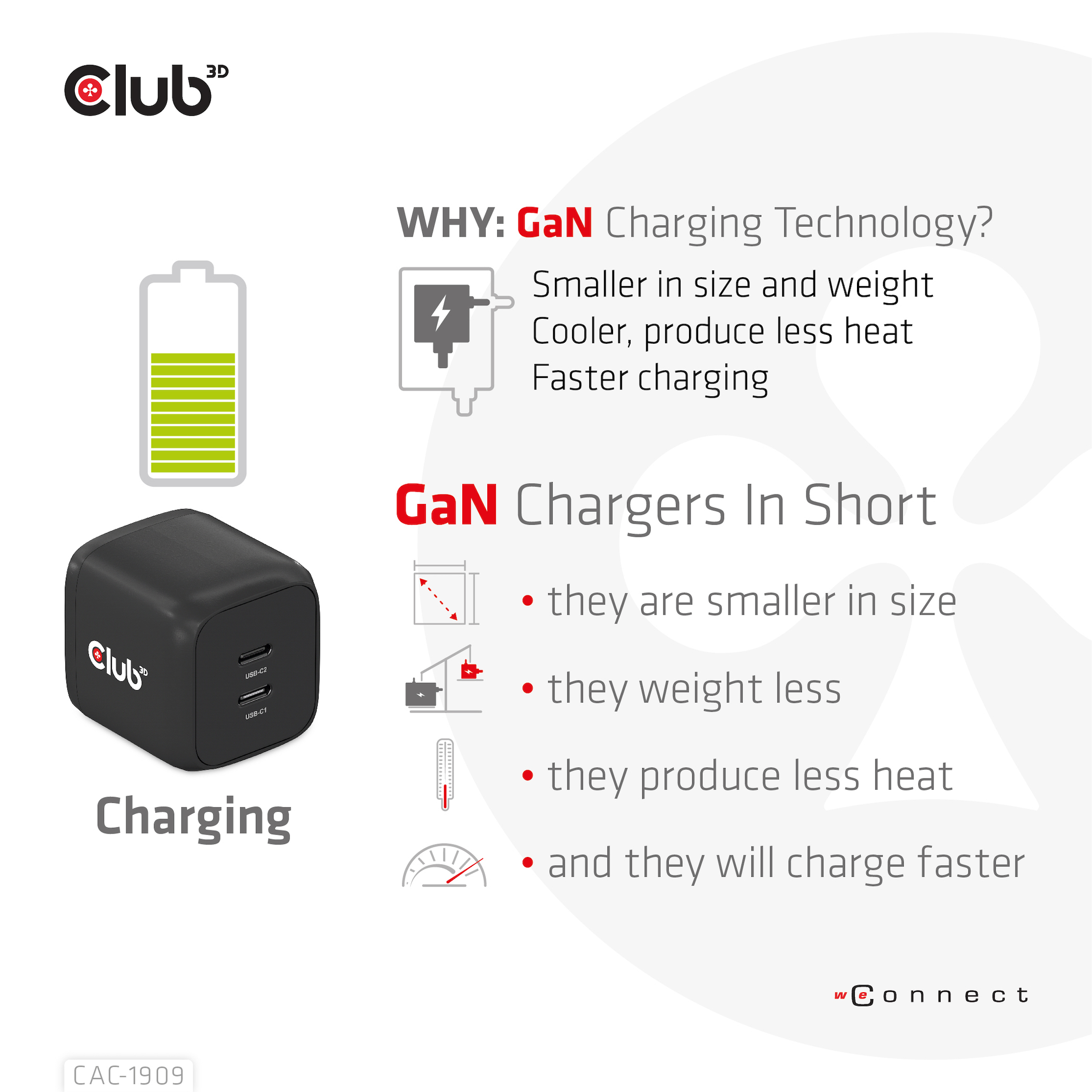 Club 3D CAC-1909 - Netzteil - PPS- und GaN-Technologie - 45 Watt - 3 A - PD 3.0 - 2 Ausgabeanschlussstellen (2 x USB-C), Ansicht 3