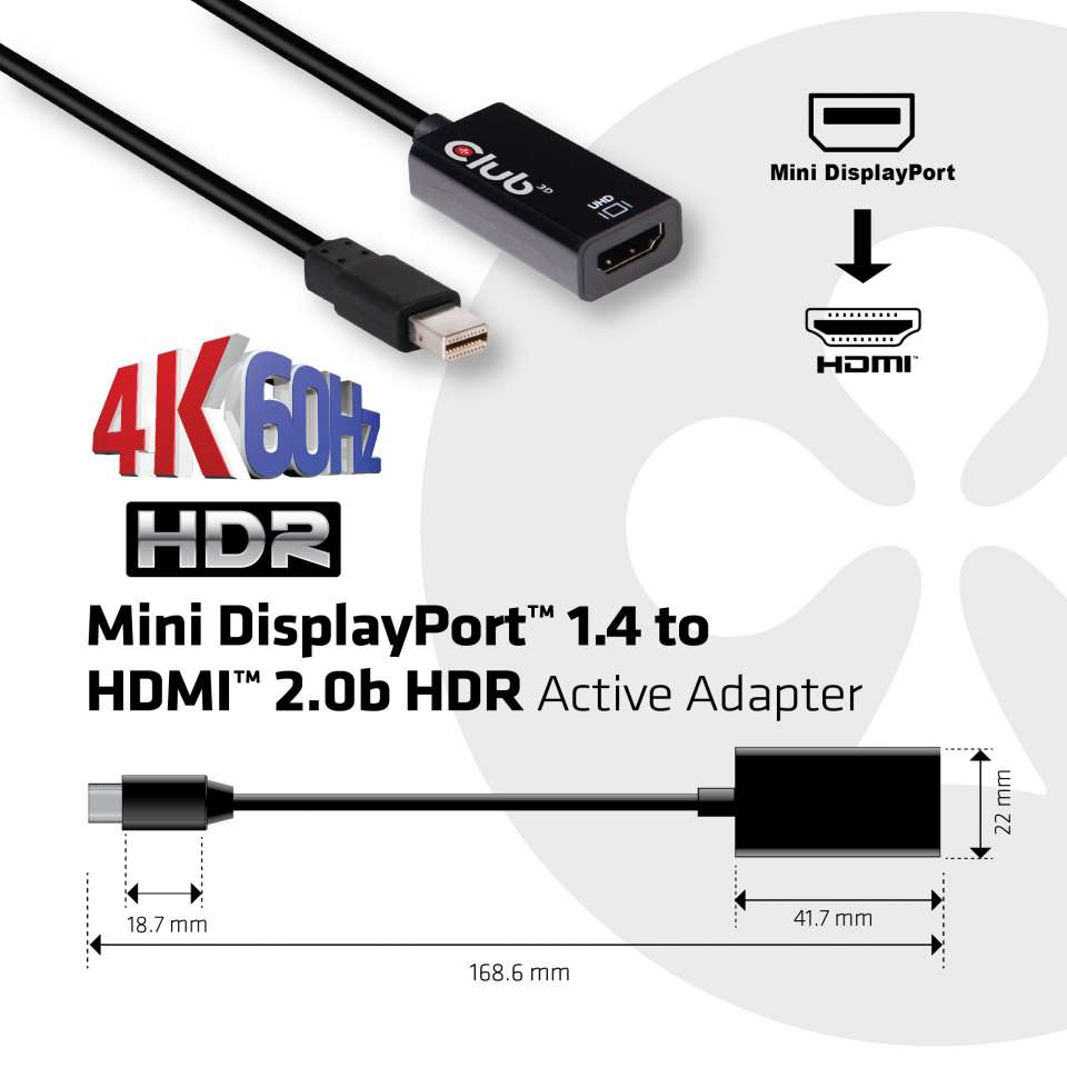 Club 3D Video- / Audio-Adapter - Mini DisplayPort (M) - bis HDMI (W) - 16.86 cm - 4K Unterstützung, Ansicht 3
