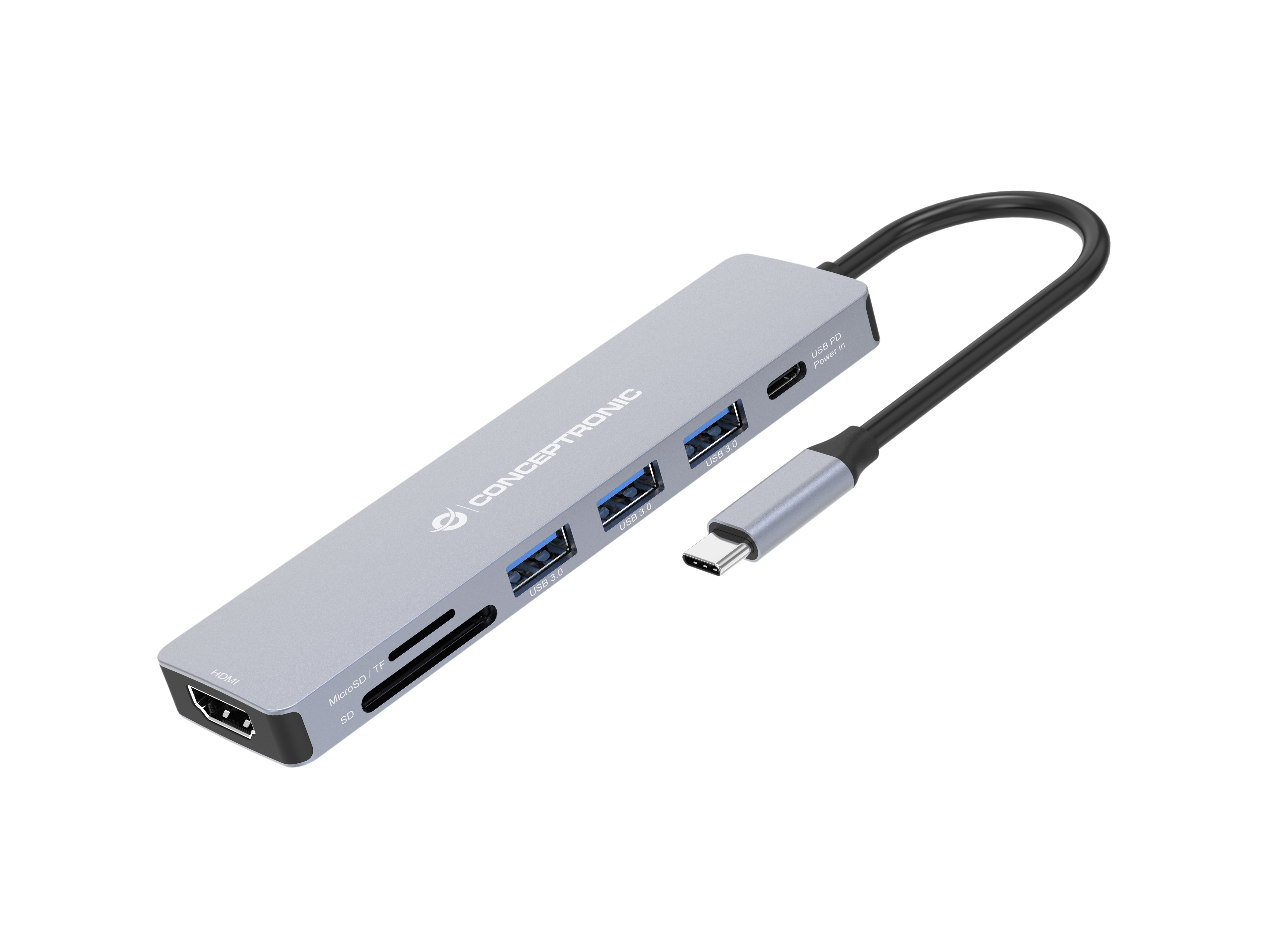 Conceptronic DONN19G 7-in-1 USB 3.2 Gen 1 Dockingstation - HDMI - USB-A 3.0 x 3 - SD - TF/MicroSD - 100W USB PD, Ansicht 2