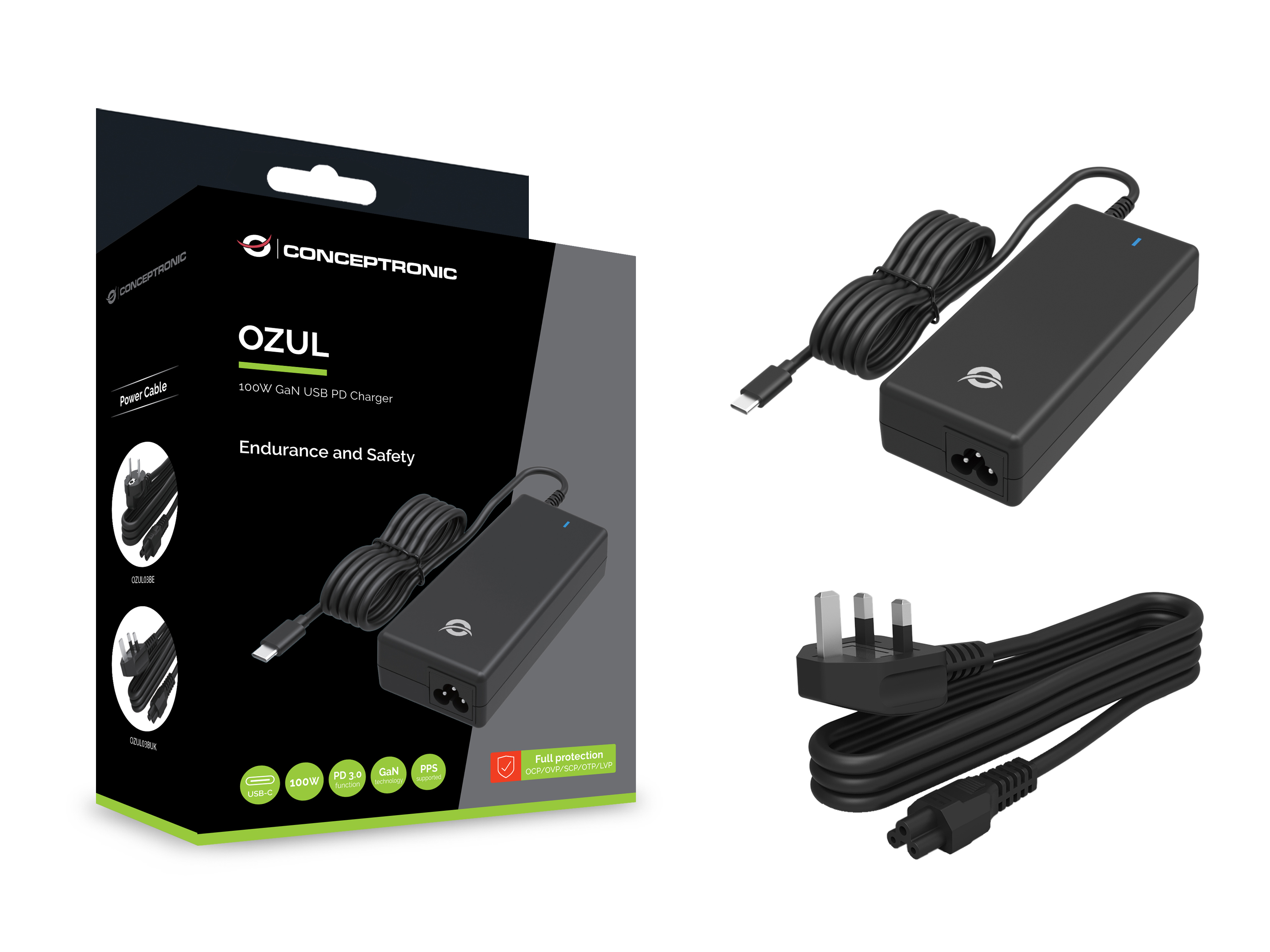 Conceptronic OZUL03BUK 100W GaN USB PD Desktop-Ladegerät - Integriertes USB-C-Kabel - UK-Stecker - Universal - Drinnen, Ansicht 2