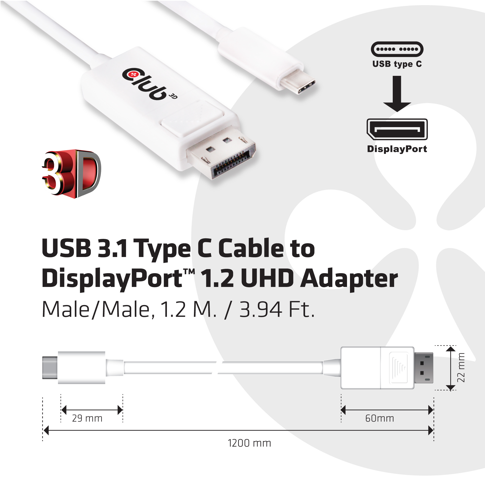 Club 3D DisplayPort-Kabel - USB-C (M) bis DisplayPort (M), Ansicht 3