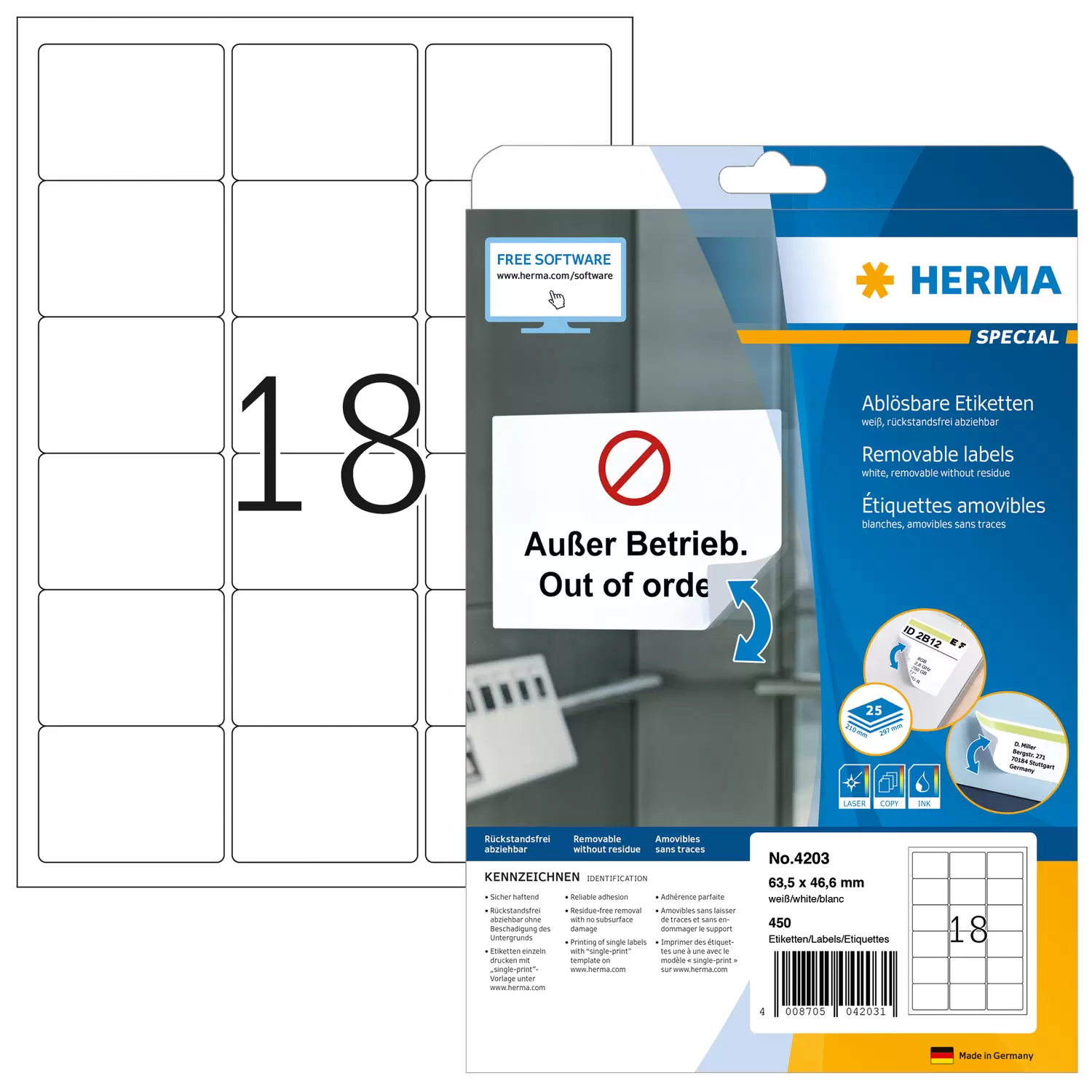 HERMA Special - Papier - matt - selbstklebend, entfernbarer Klebstoff - weiß - 63.5 x 46.6 mm 450 Etikett(en), Ansicht 2