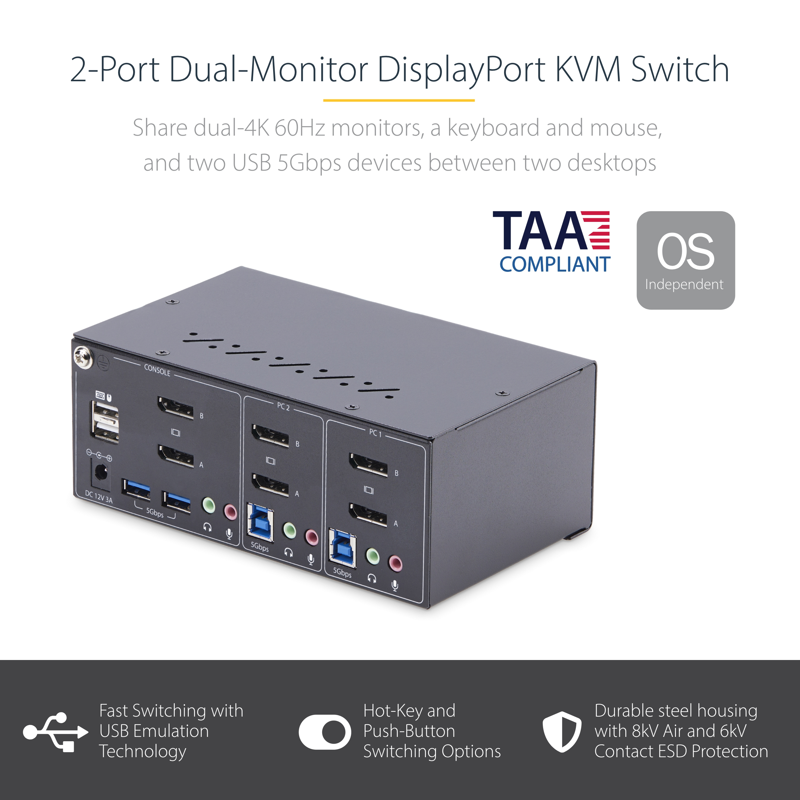 StarTech.com 2-Port Dual-Monitor DisplayPort KVM Switch, 4K 60Hz, 2x USB 5Gbps Hub Ports, 2x USB 2.0 HID Ports, Hotkey, Ansicht 2