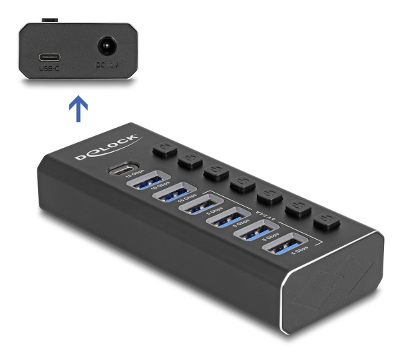 Delock 7 Port USB Hub mit 3 Ports 10 Gbps und 4 Schnellladeports 5 Schalter, Ansicht 4