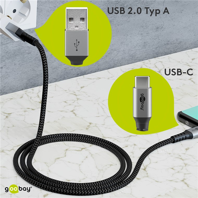 Goobay 49295 - 0,5 m - USB C - USB A - USB 2.0 - 0,48 Gbit/s - Schwarz - Grau, Ansicht 2