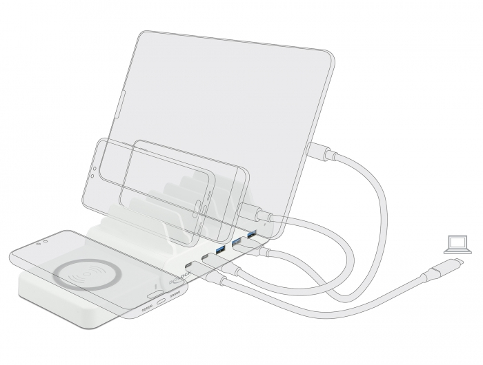 Delock USB and Wireless Charger - Ladestation + AC-Netzteil - 110 Watt - 5 A - PD - 3 x USB Typ A, 2 x USB-C), Ansicht 4