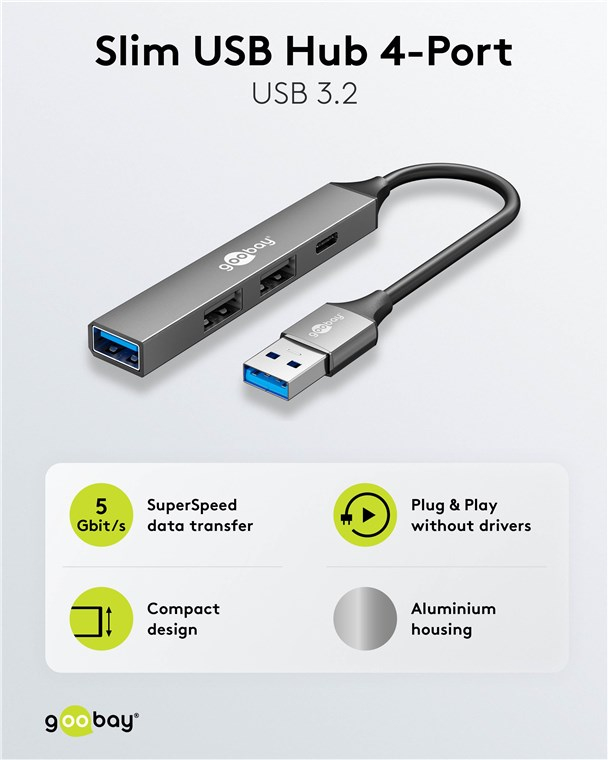 Goobay Slim 4-Port USB-Hub USB-A auf USB-C/USB-A 5 Gbit/s USB-A-Stecker USB 3.2, Ansicht 2
