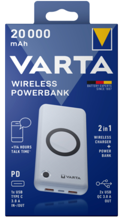 Varta Induktive Power Bank - 2-in-1 - Li-Pol - 20000 mAh - 74 Wh - 20 Watt - 3 A - PD, QC 3.0, Ansicht 3