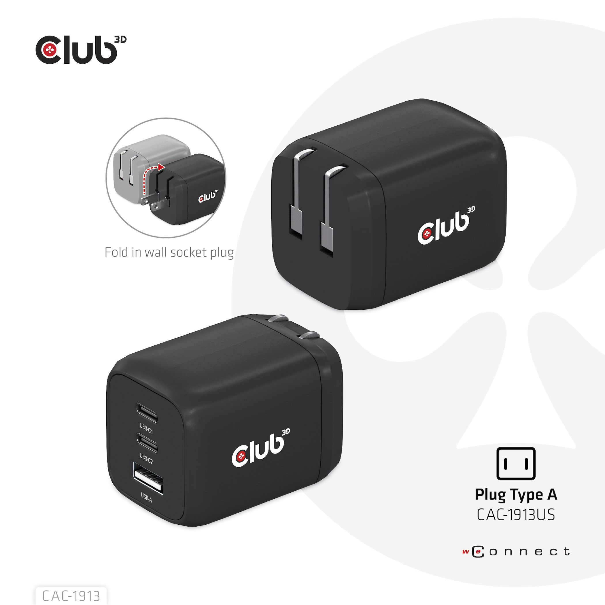 Club 3D CAC-1913 - Netzteil - GaN Technology, Triple Port - 65 Watt - 5 A - PD 3.0, PD/PPS - (USB Typ A, 2 x USB-C), Ansicht 2