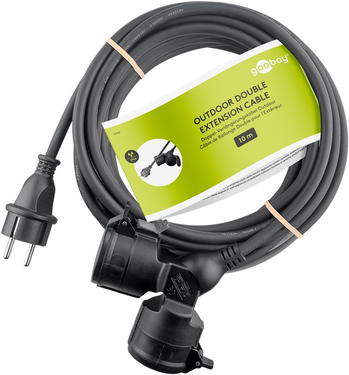 Goobay Doppel-Verlängerungskabel Outdoor 10 m schwarz - Schutzkontaktstecker Hybrid Typ - Kabel - Verlängerungskabel, Ansicht 3