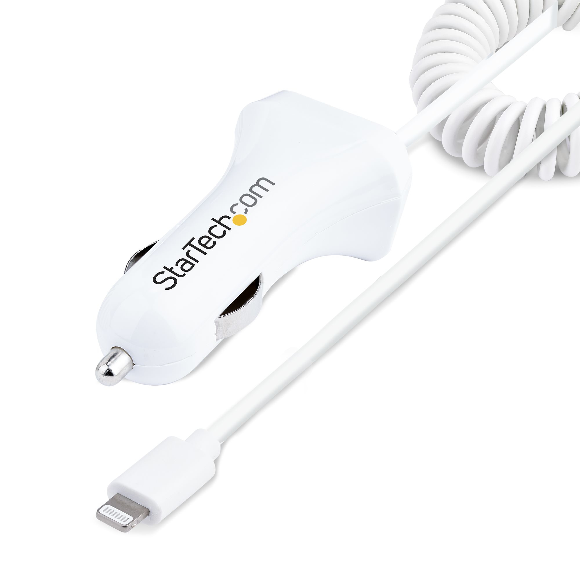StarTech.com Lightning Car Charger with 1m Coiled Lightning Cable, 12W, White, 2 Port USB Car Charger Adapter, Ansicht 2