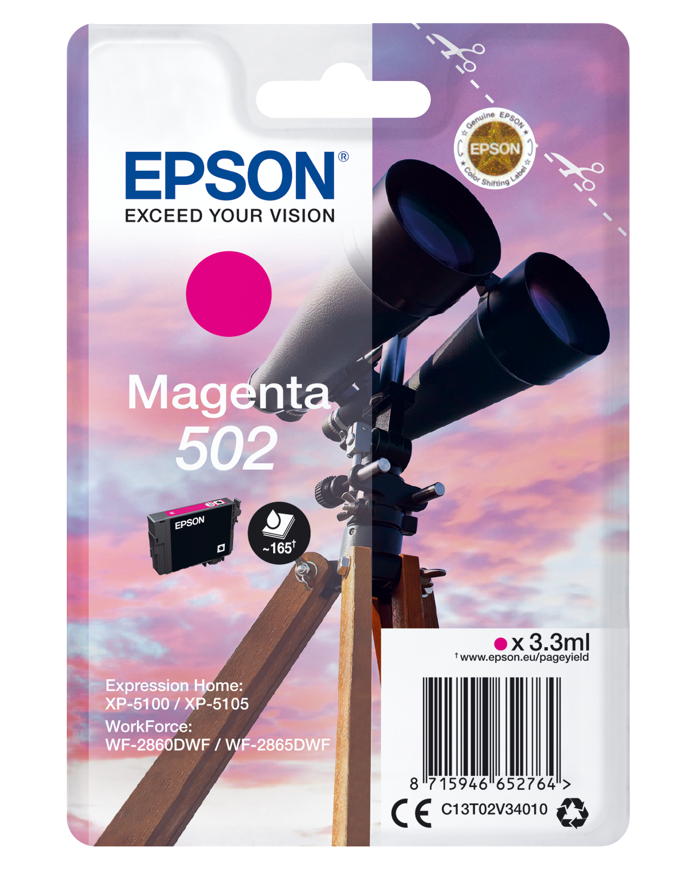 Epson Singlepack Magenta 502 Ink, Standardertrag, Tinte auf Pigmentbasis, 3,3 ml, 165 Seiten, 1 Stück(e)