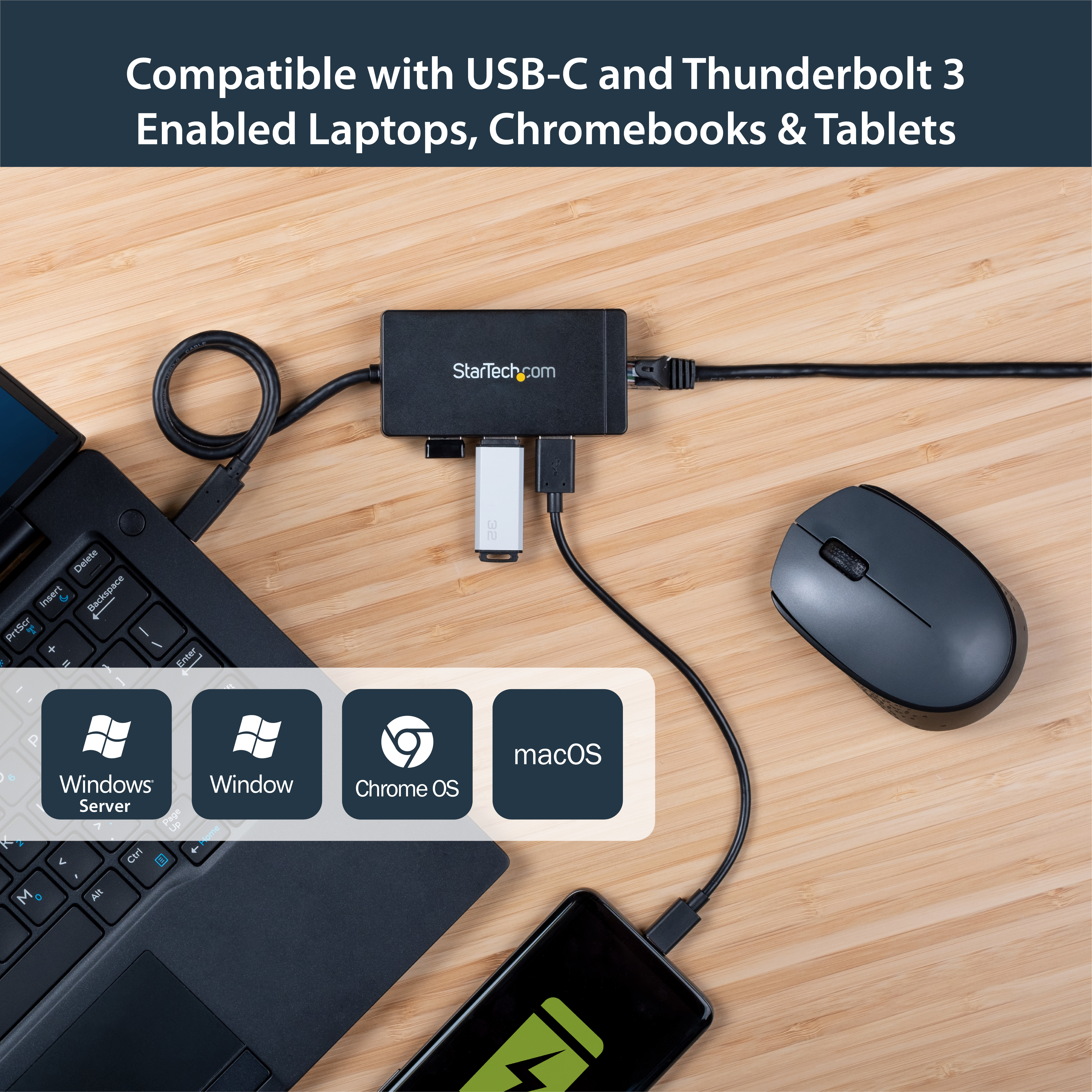 StarTech.com 3 Port USB 3.0 Hub mit USB-C und Gigabit Ethernet, Ansicht 2