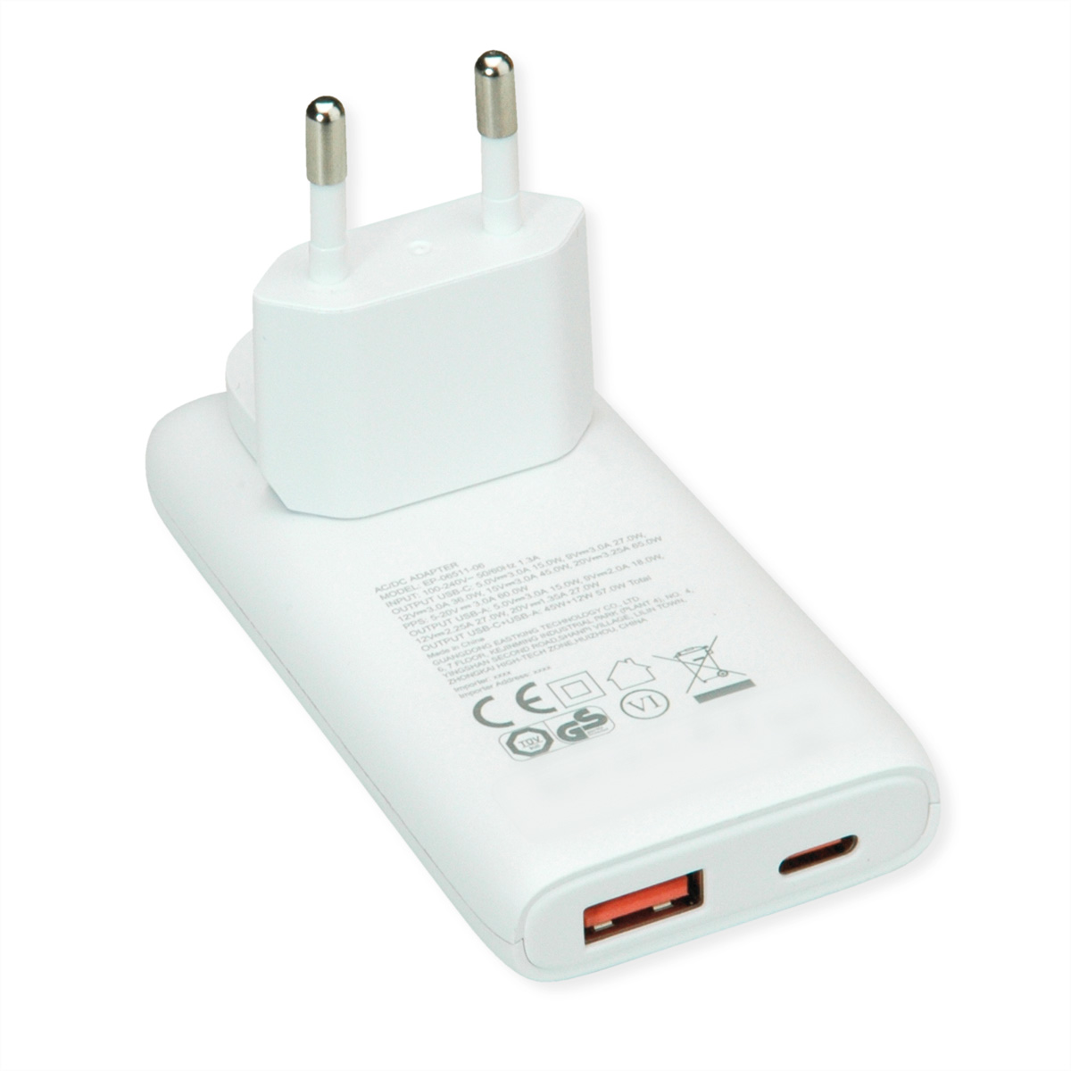 VALUE USB-Wandladegeraet EU-/US-Stecker 2x USB A+C