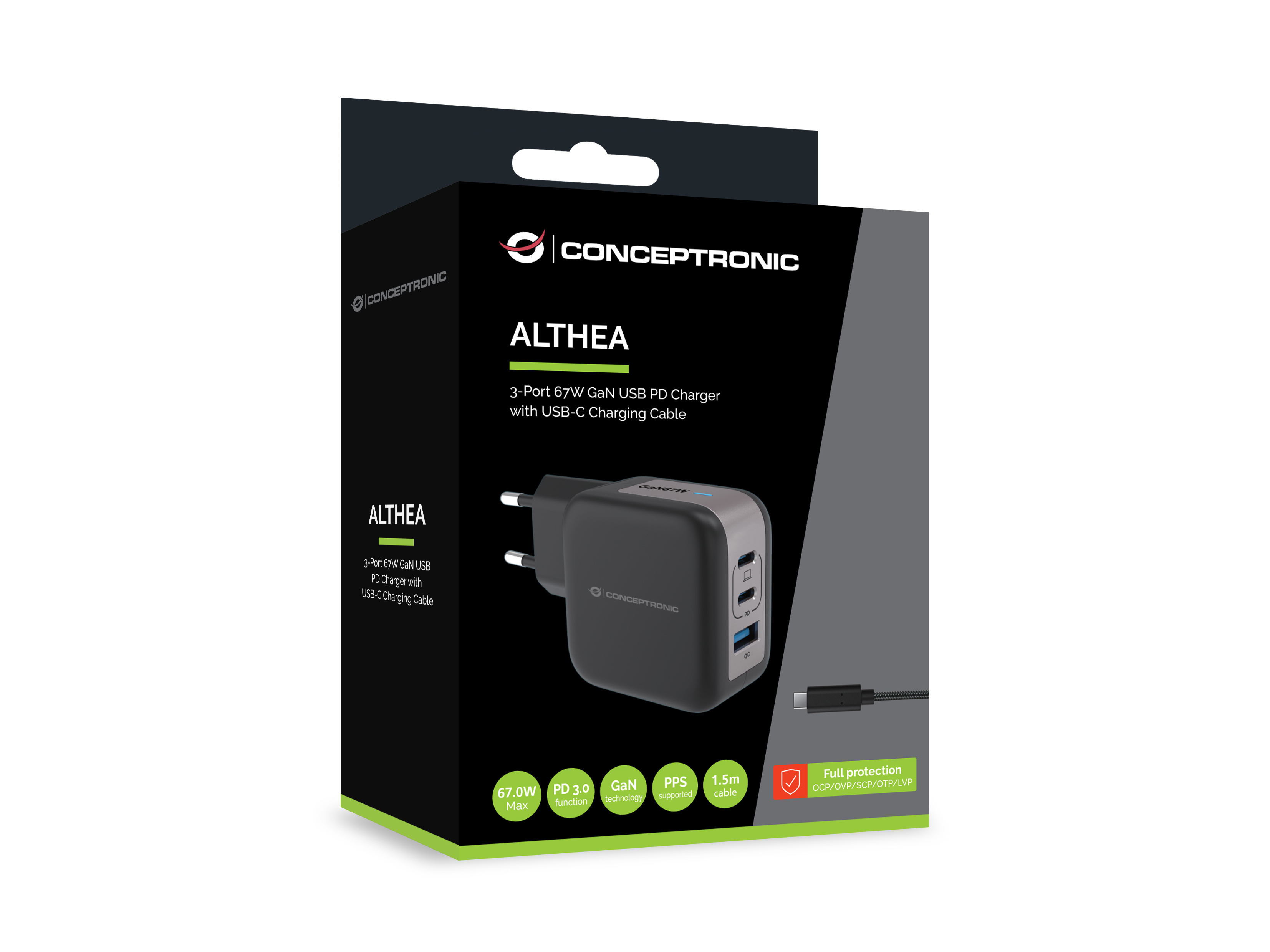 Conceptronic Ladegerät 3Port 67W 2xUSB-C 1xUSB-a+3-in-1 sw, Ansicht 3