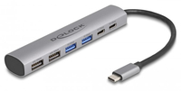 Delock 6 Port USB Hub mit 4 x USB Typ-A Buchse und 2 x USB Type-C Buchse - Kabelgebunden - USB 3.2 Gen 1 (3.1 Gen 1) Type-A + Type-C - Grau - Aluminium - 25 mm - 125 mm