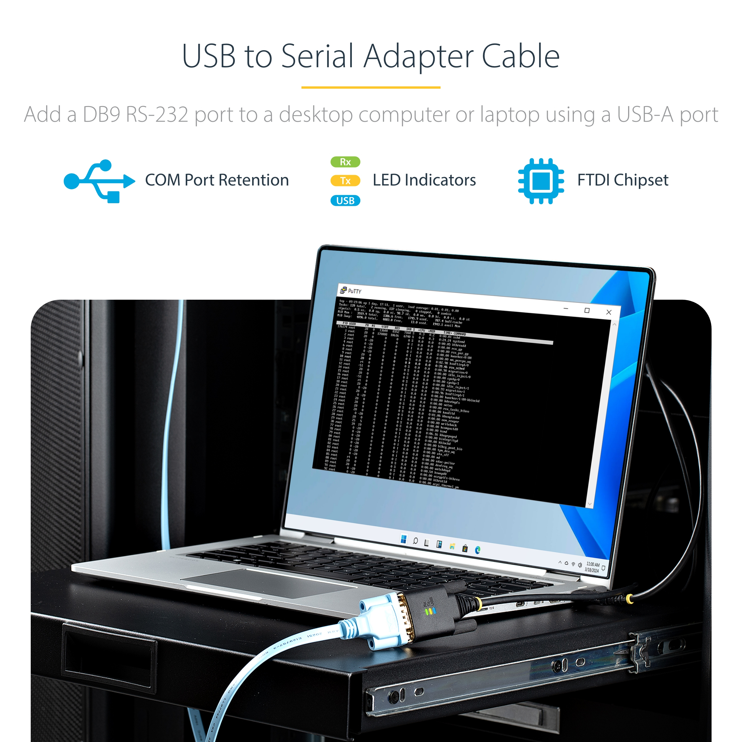StarTech.com 10ft (3m) USB to Serial Adapter Cable, Interchangeable DB9 Screws/Nuts, COM Retention, USB-A to DB9 RS232, Ansicht 2