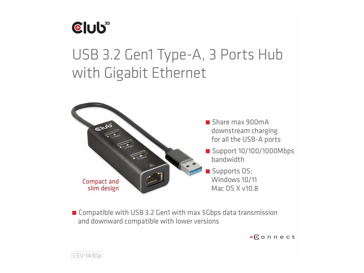 Club 3D CSV-1430a - Kabelgebunden - USB 3.2 Gen 1 (3.1 Gen 1) Type-A - 1000 Mbit/s - Schwarz - USB - USB Typ-C, Ansicht 4
