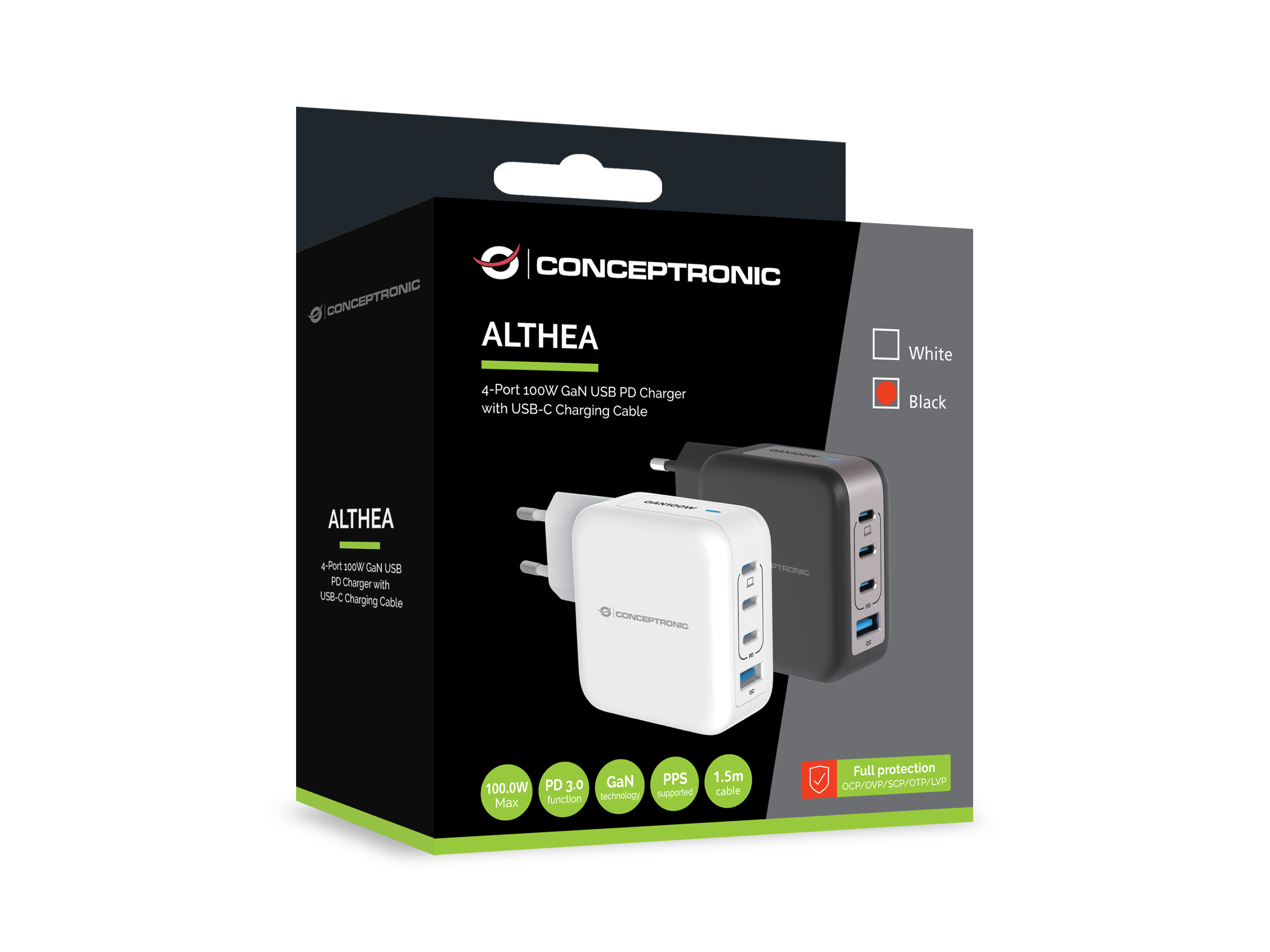 Conceptronic Ladegerät 4Port 100W 3xUSB-C 1xUSB-a 1.5m sw, Ansicht 2