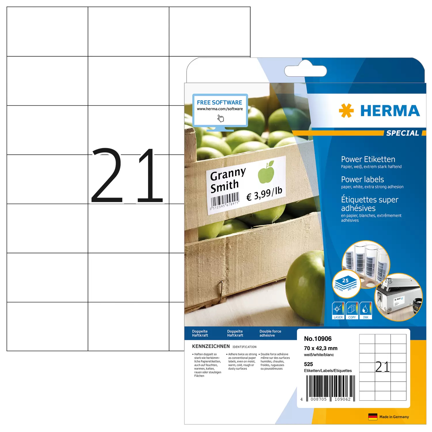 HERMA Special Power Labels - Papier - matt - extrem stark haftend - weiß - 42.3 x 70 mm 525 Etikett(en) (25 Bogen x 21), Ansicht 4