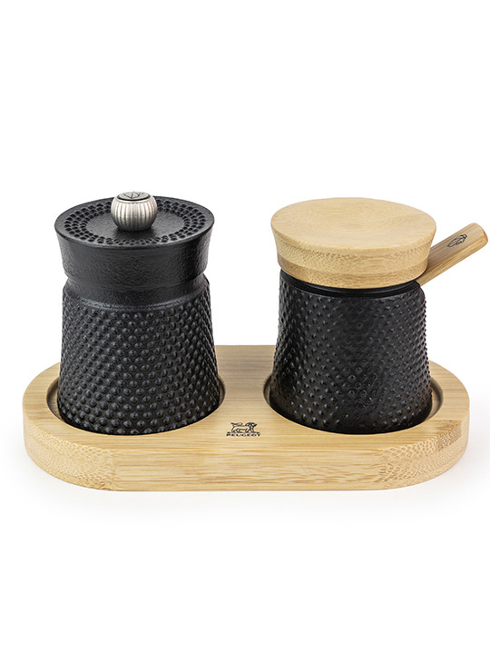 Peugeot Saveurs Bali Fonte Pfeffermühle Salzstreuer+ Tray 8cm BLACK von LumaTech