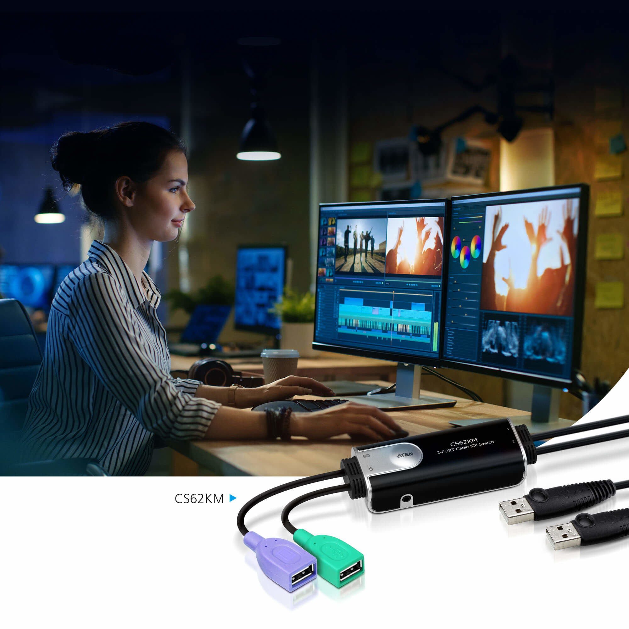 ATEN CS62KM - Tastatur-/Mausschalter - 2 x USB, Ansicht 2