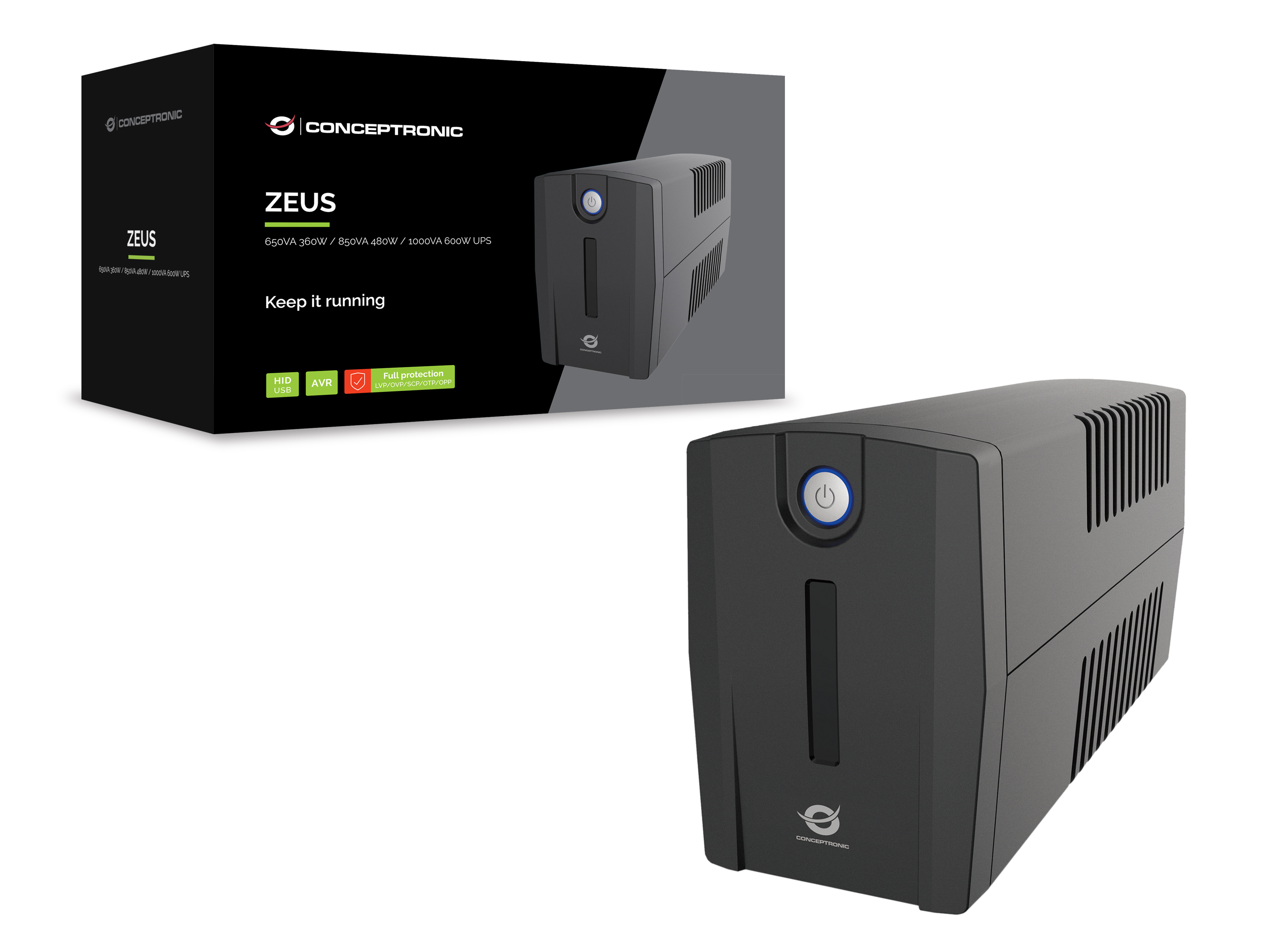 Conceptronic ZEUS01G 650VA 360W USV - 2x UK-Steckdosen - HID-USB - RJ45 Ein/Aus - mit AVR-Funktion - Line-Interaktiv, Ansicht 3