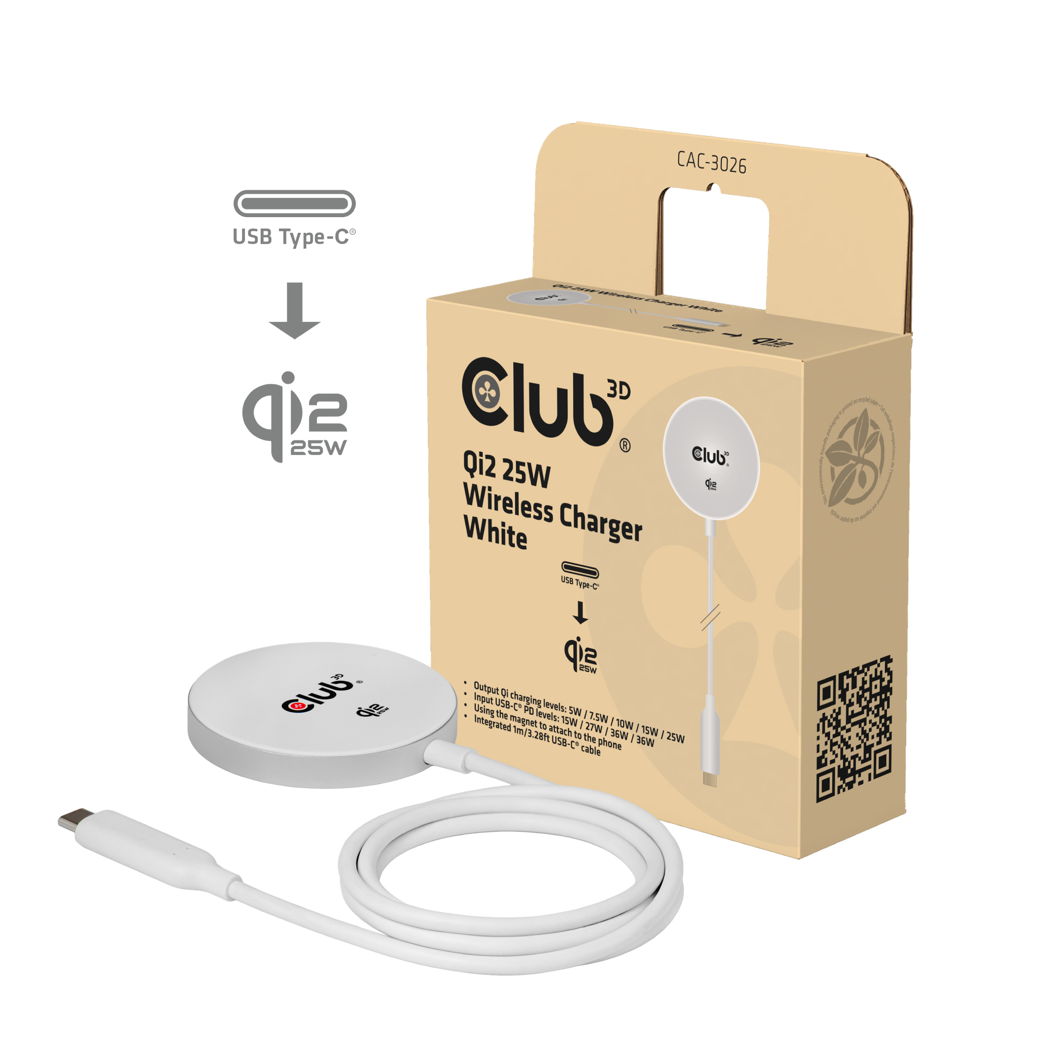 Club 3D Qi2 kabelloses Ladegerät 25 W - WH Qi 2.2*weiss*, Ansicht 2