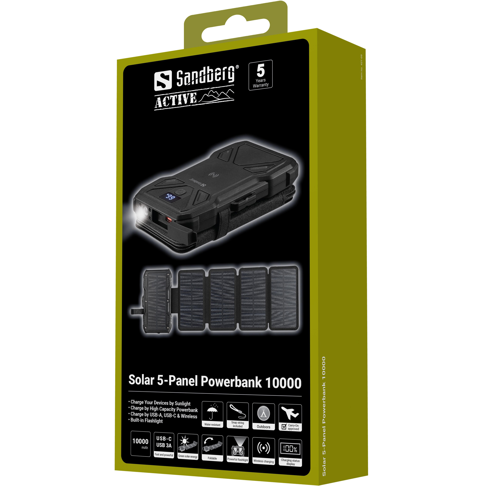 SANDBERG Solar PowerBank - Kabelloses Ladepad / Solar-Powerbank - 5-panel - 10000 mAh - 37 Wh - 22.5 Watt - 1.67 A, Ansicht 2