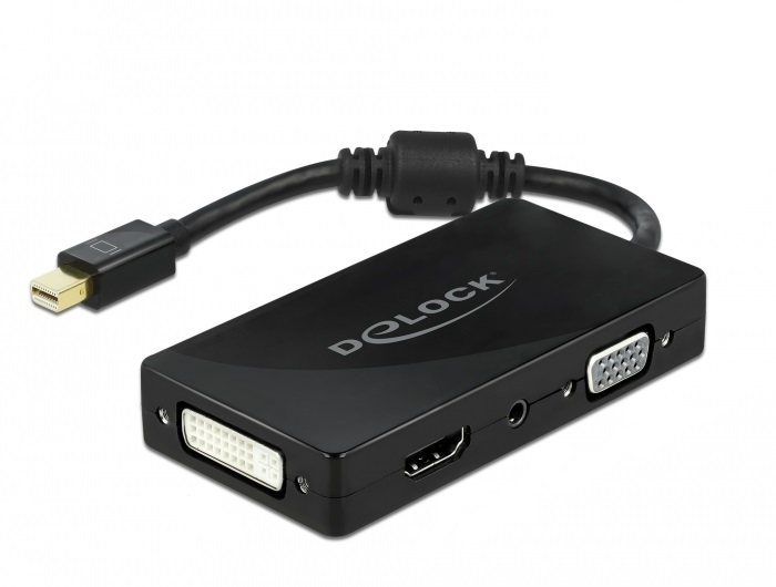 Delock Mini DisplayPort 1.2 Adapter zu VGA / HDMI / DVI / Audio Buchse 4K Passiv schwarz, USB 2.0 Type-B, Schwarz, 3.5mm, DVI-I, HDMI, Mini DisplayPort, VGA, 1 Stück(e)