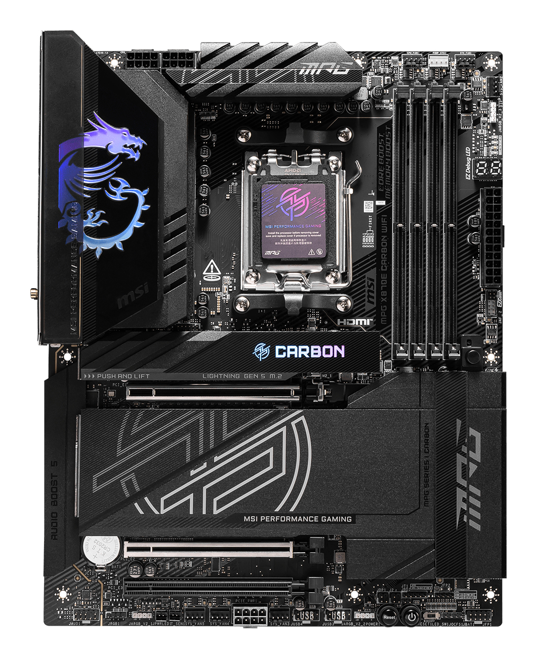 MSI MPG X870E CARBON WIFI - Motherboard - ATX - Socket AM5 - AMD X870E Chipsatz - USB 3.2 Gen 2, USB4, USB-C 3.2 Gen 2x2, Ansicht 4