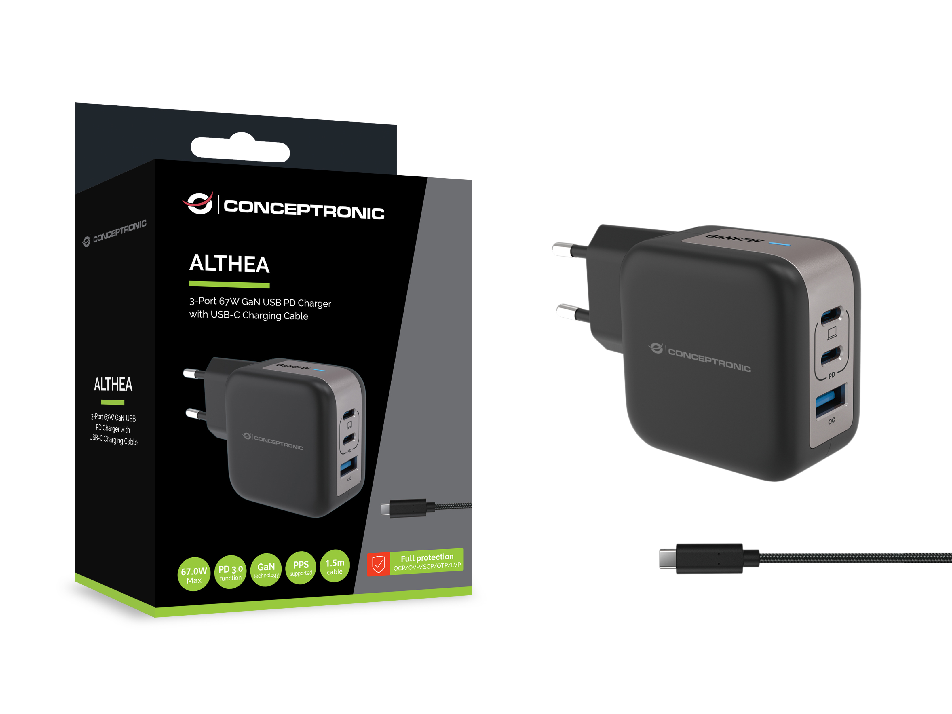 Conceptronic Ladegerät 3Port 67W 2xUSB-C 1xUSB-a+3-in-1 sw, Ansicht 2