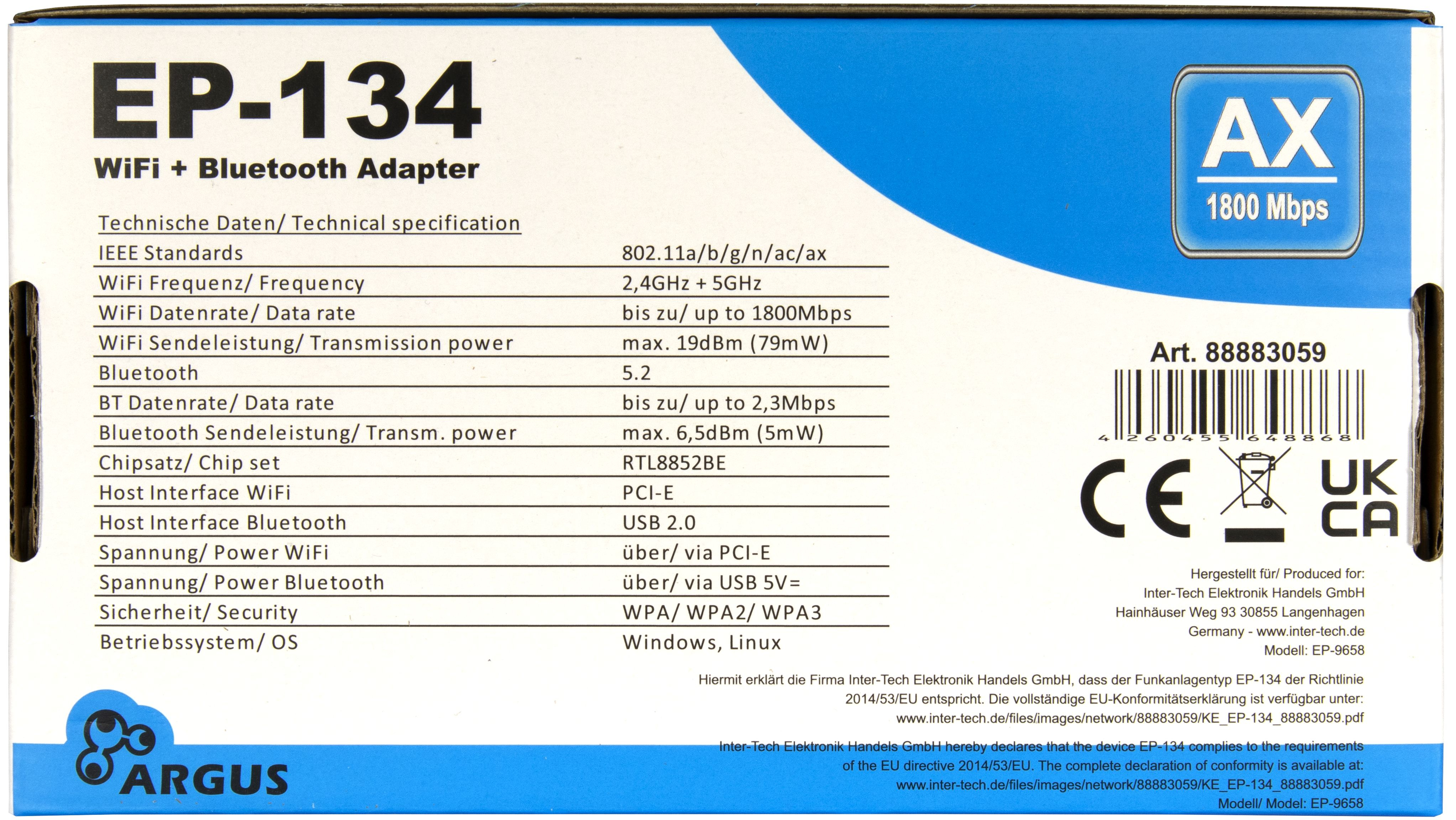 Inter-Tech Wi-Fi 6 PCIe Adapter EP-134 Antenne Bluetooth 5.2, Ansicht 3