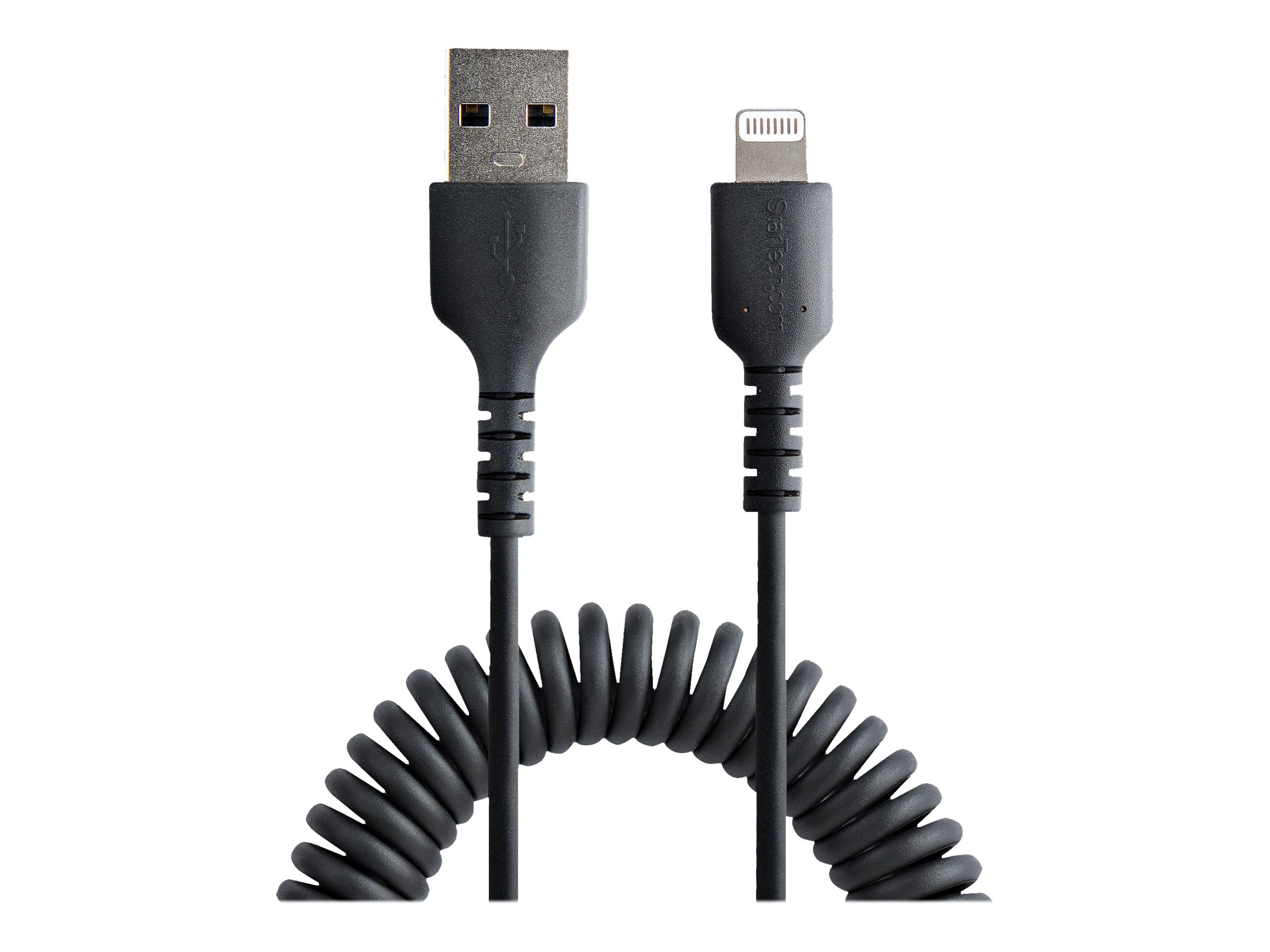 StarTech.com 50cm USB auf Lightning Kabel, Spiralkabel, MFi zertifiziert, Schnellladekabel für  iPhone/iPad, Schwarz, robuster TPE Mantel mit Aramidfaser, USB 2.0 Kabel (RUSB2ALT50CMBC)