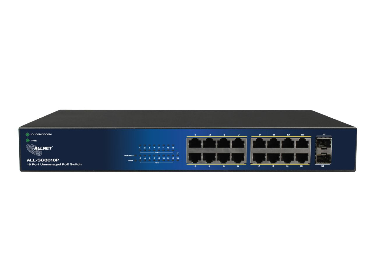 ALLNET Switch unmanaged Layer2• PoE Budget 240W• 16x at• 2x SFP• - Switch - Glasfaser (LWL), Ansicht 3