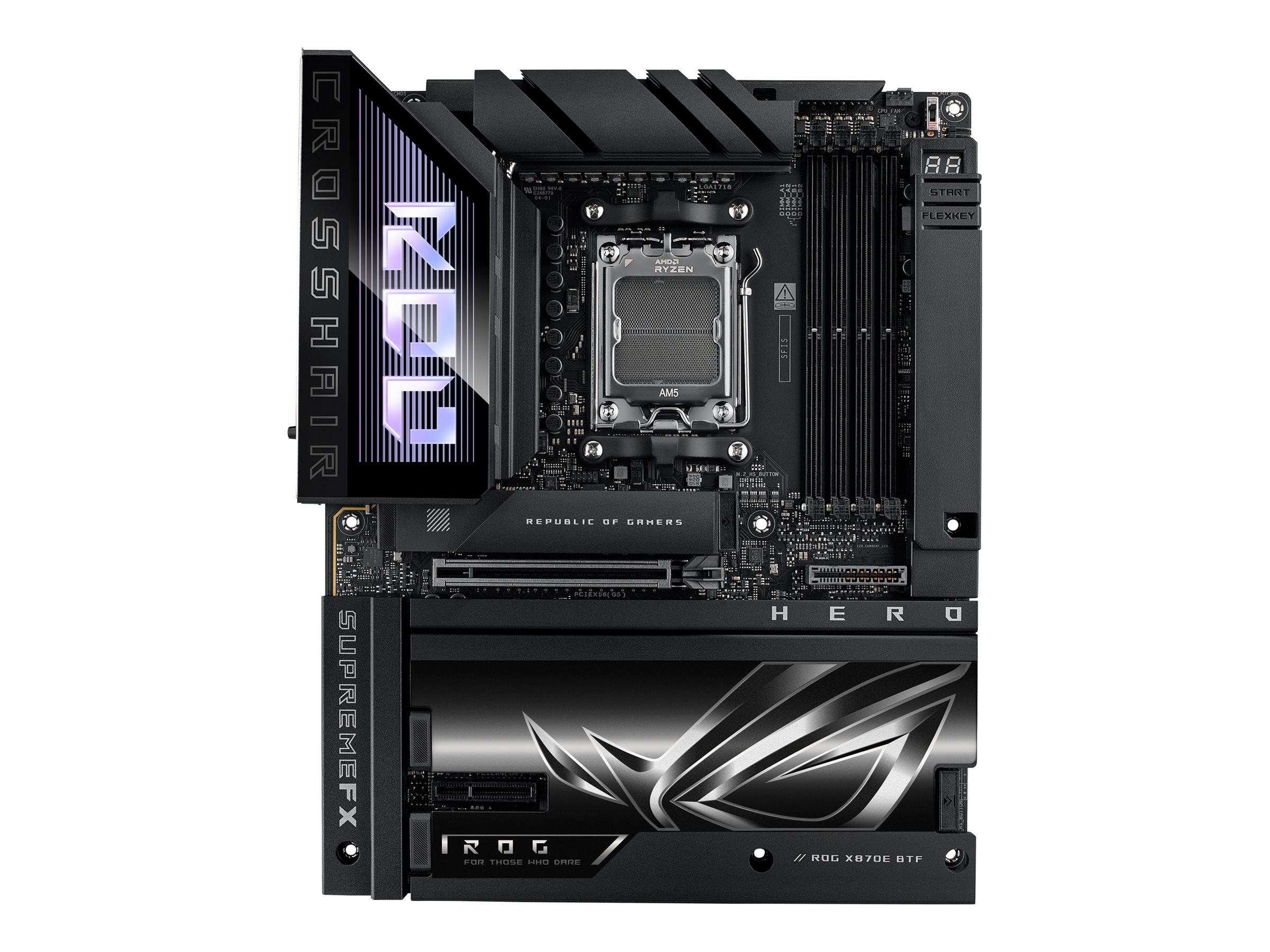 ASUS ROG CROSSHAIR X870E HERO BTF - Motherboard - ATX - Socket AM5 - AMD X870E Chipsatz - USB4, USB 3.2 Gen 2, USB-C 3.2 Gen2, USB 3.2 Gen 1, USB-C 3.2 Gen 2x2 - Wi-Fi 7, 2.5 Gigabit LAN, 5 Gigabit Ethernet, Bluetooth - Onboard-Grafik (CPU erforderlich)