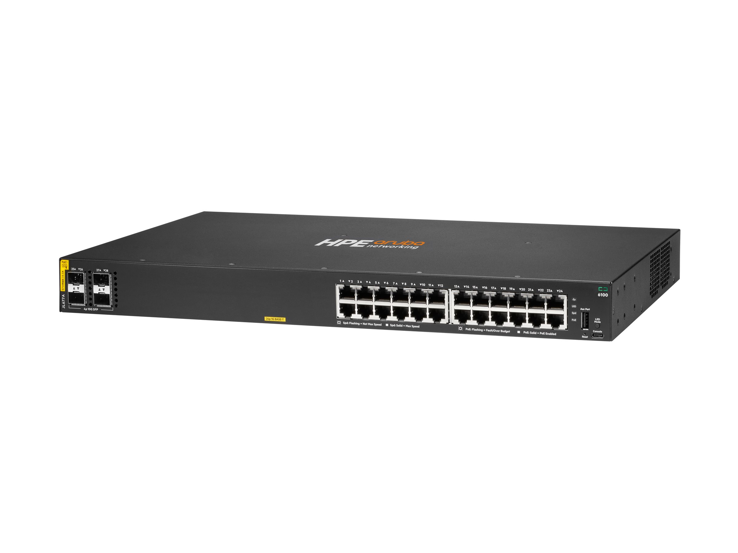 HPE Aruba 6100 24G Class4 PoE 4SFP+ - Switch - managed - 24 x 10/100/1000 + 4 x 1 Gigabit / 10 Gigabit SFP+ - Luftstrom von Seite zu Seite - an Rack montierbar - PoE+ (370 W)
